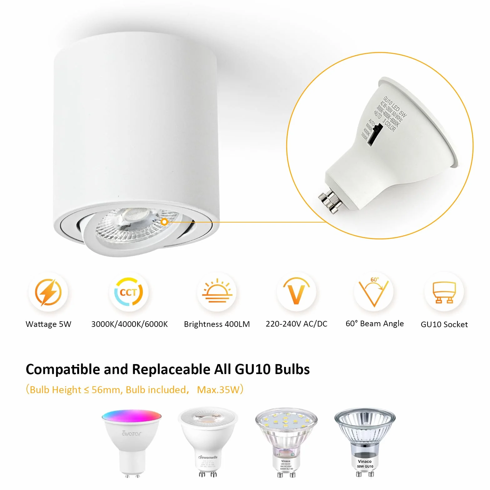 Focos LED Interior Techo Blanco Orientable 5W GU10 3000K 4000K 6000K Aluminio 230V Downlight LED Superficie Ø80x84mm