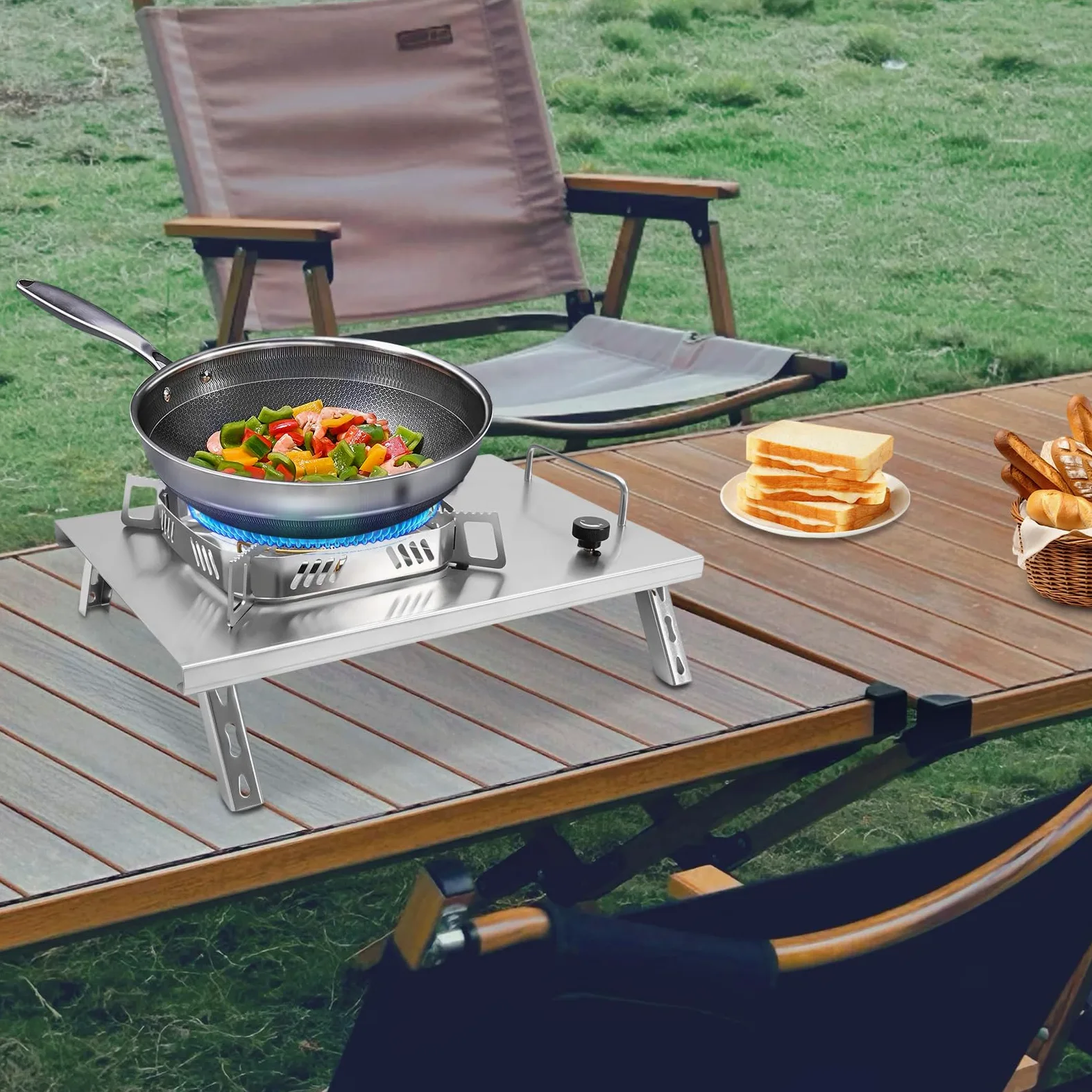 Hornillo de gas para camping de acero inoxidable, 2600 W, incluye manguera de 50 cm y adaptador de embrague, hornillo de gas de 4 patas, para camping y exteriores, viajes de autocaravana