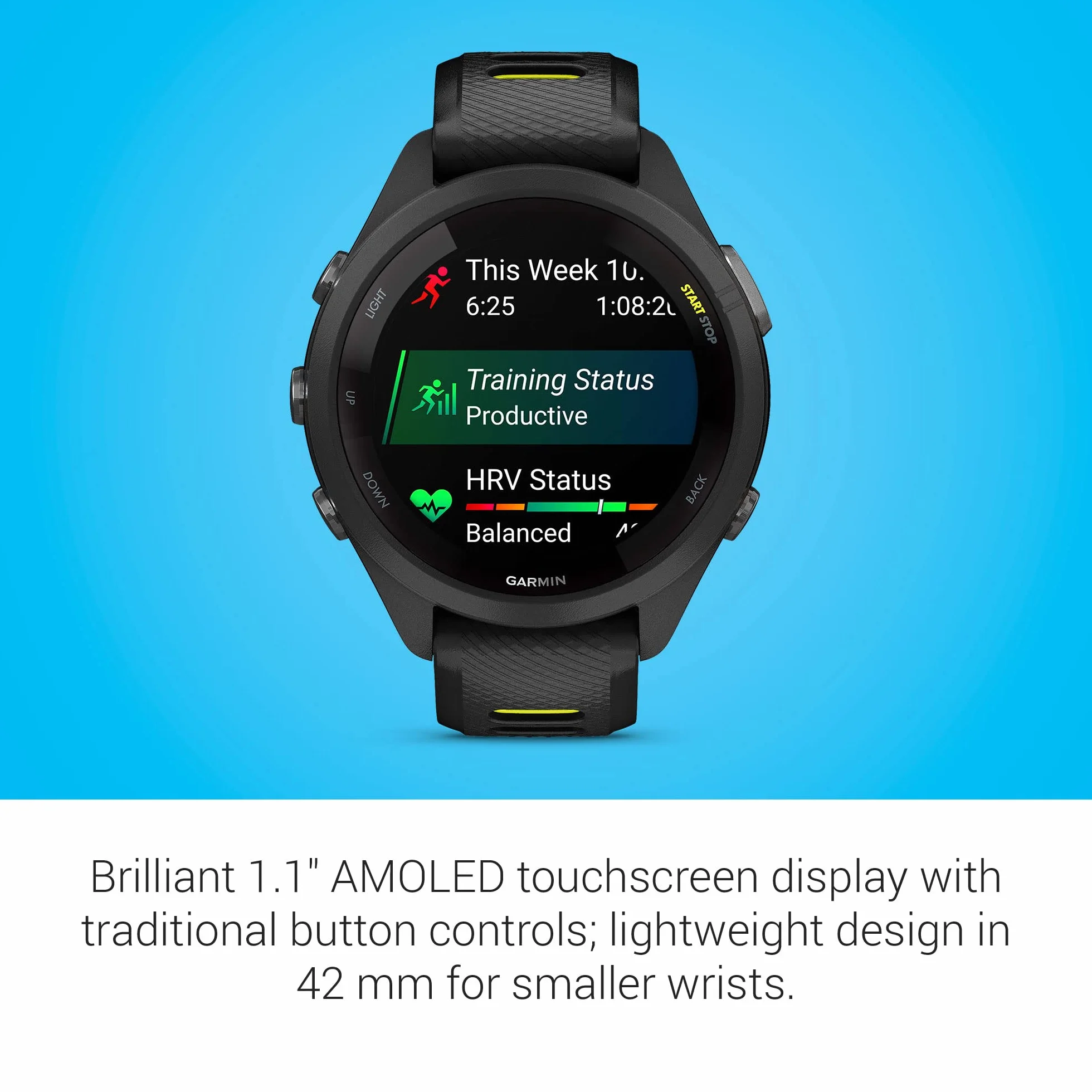GARMIN Forerunner 265S 42 mm Negro Amarillo Reloj Deportivo GPS Corredores 15 Días Batería Triatlón Pantalla Táctil AMOLED