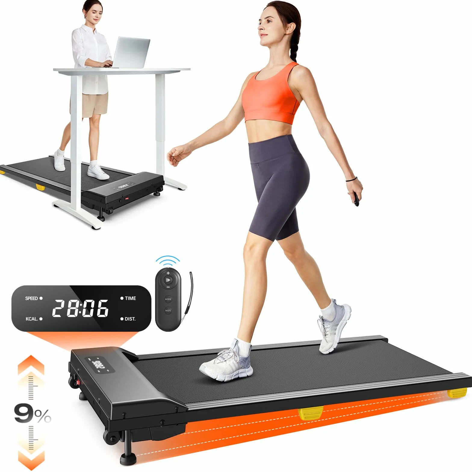 UREVO Almohadilla 9% Inclinada Cinta de Correr, Walking Pad mit Sechs-Punkt-Stoßdämpfung, Cinta de Correr Debajo Escritorio, para Hogar y Oficina, 2.5HP Cinta de Andar 1-6 KM/H