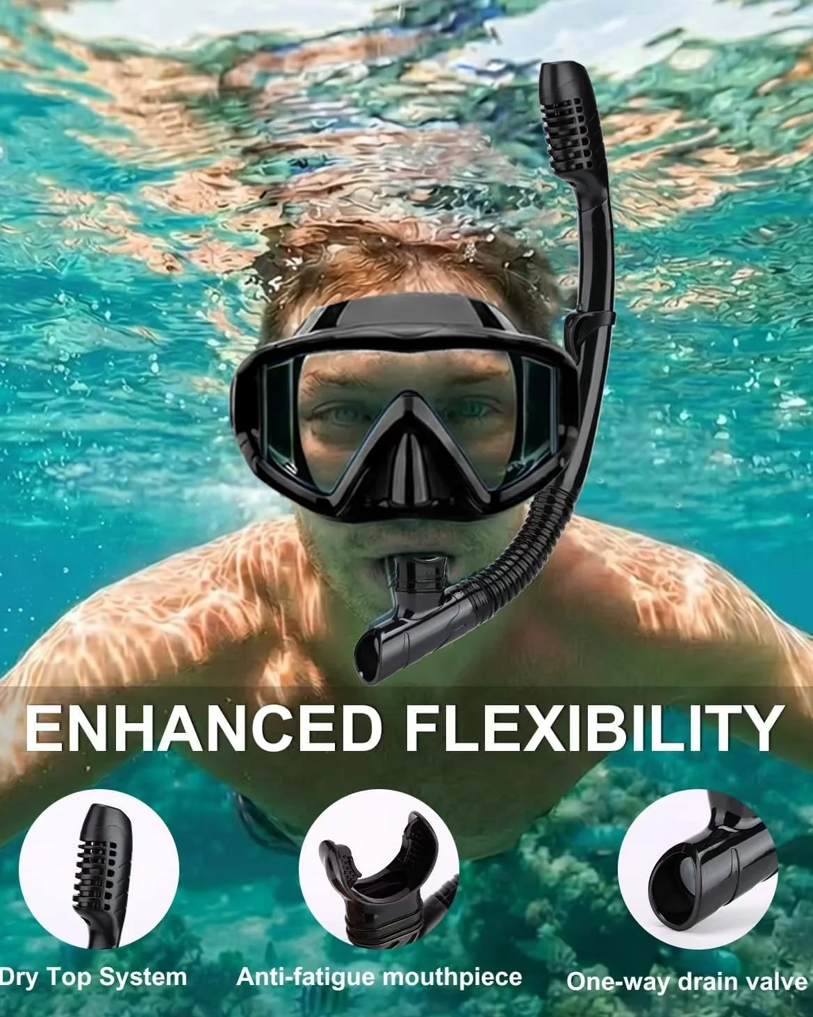 AQUA A DIVE SPORTS Snorkel seco de fácil aliento para esnórquel, buceo, natación, con válvula de secado superior y boquilla de silicona de grado alimenticio para adultos y jóvenes (SN115-1 azul)