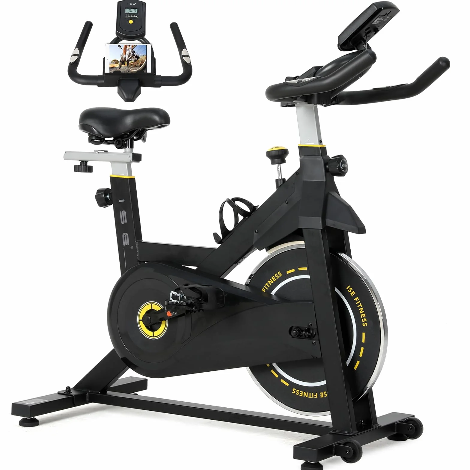 ISE Bicicleta Estática Ajustable Resistencia, Bici Estatica con LCD Pantalla, Soporte para teléfono móvil, Ipad y botella, Bicicleta Profesional, Sillín y Asa Ajustable, Max.120KG