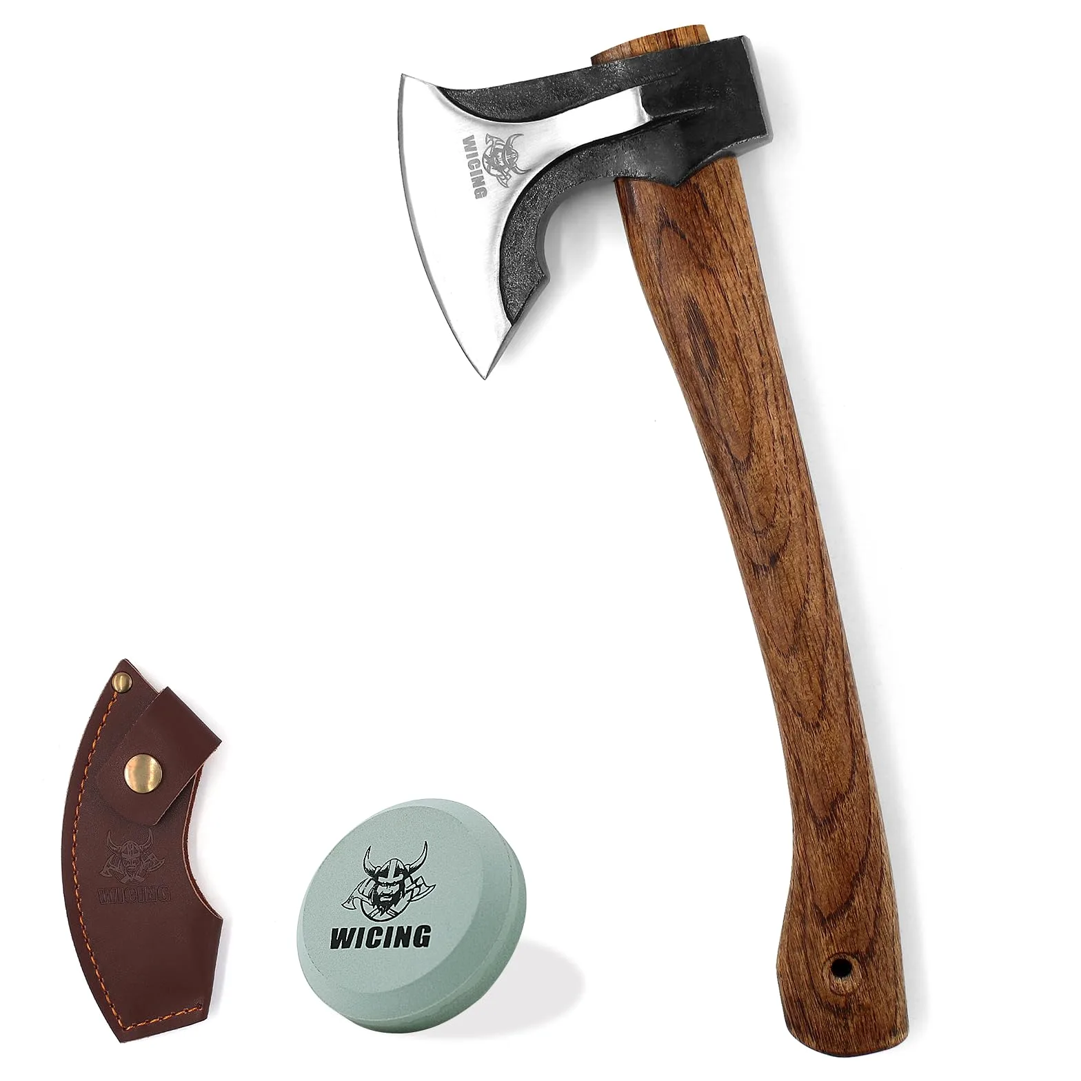 Hacha de camping, hacha dividida de 14.2 pulgadas con funda de cuero, hacha de picar 1065 de acero de manganeso alto y mango de nogal americano