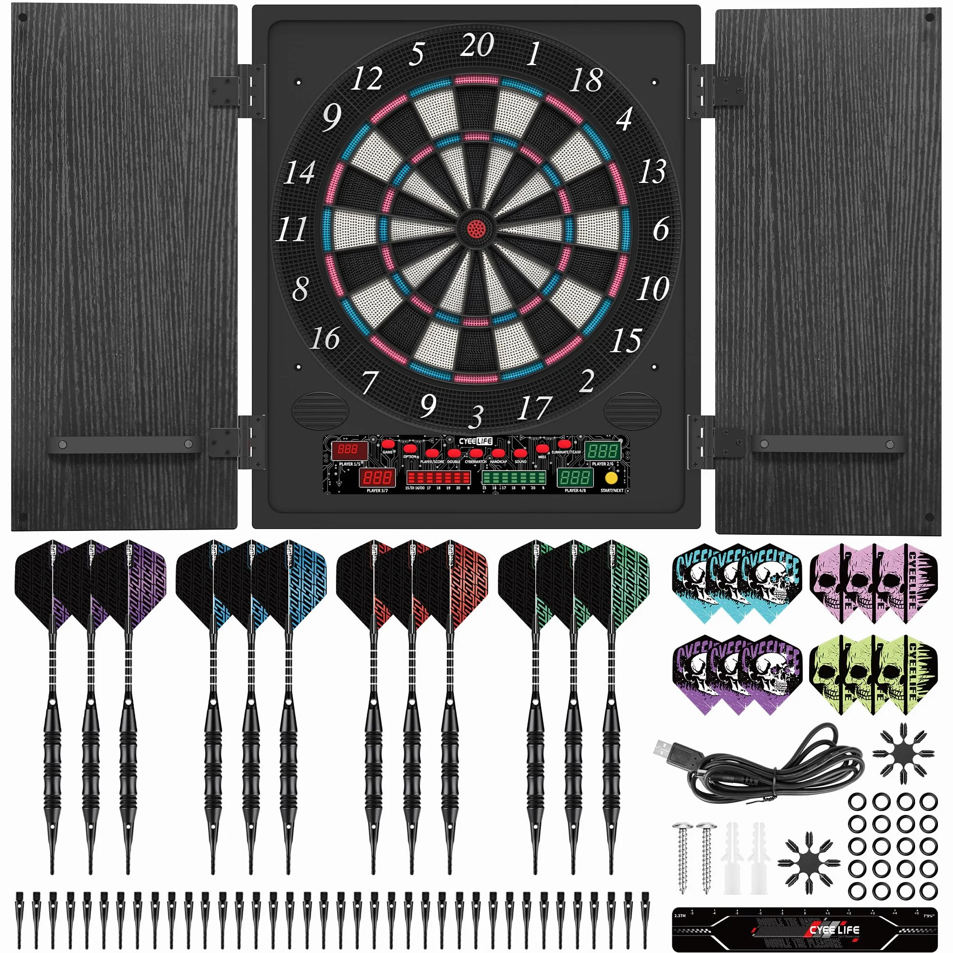CyeeLife Diana electrónica con gabinete de Madera, Juego de Dardos electrónico, Tablero de Dardos con 34 Juegos y 355 Variantes, Modo para 8 Jugadores, Pantalla LED, Voz Alemana