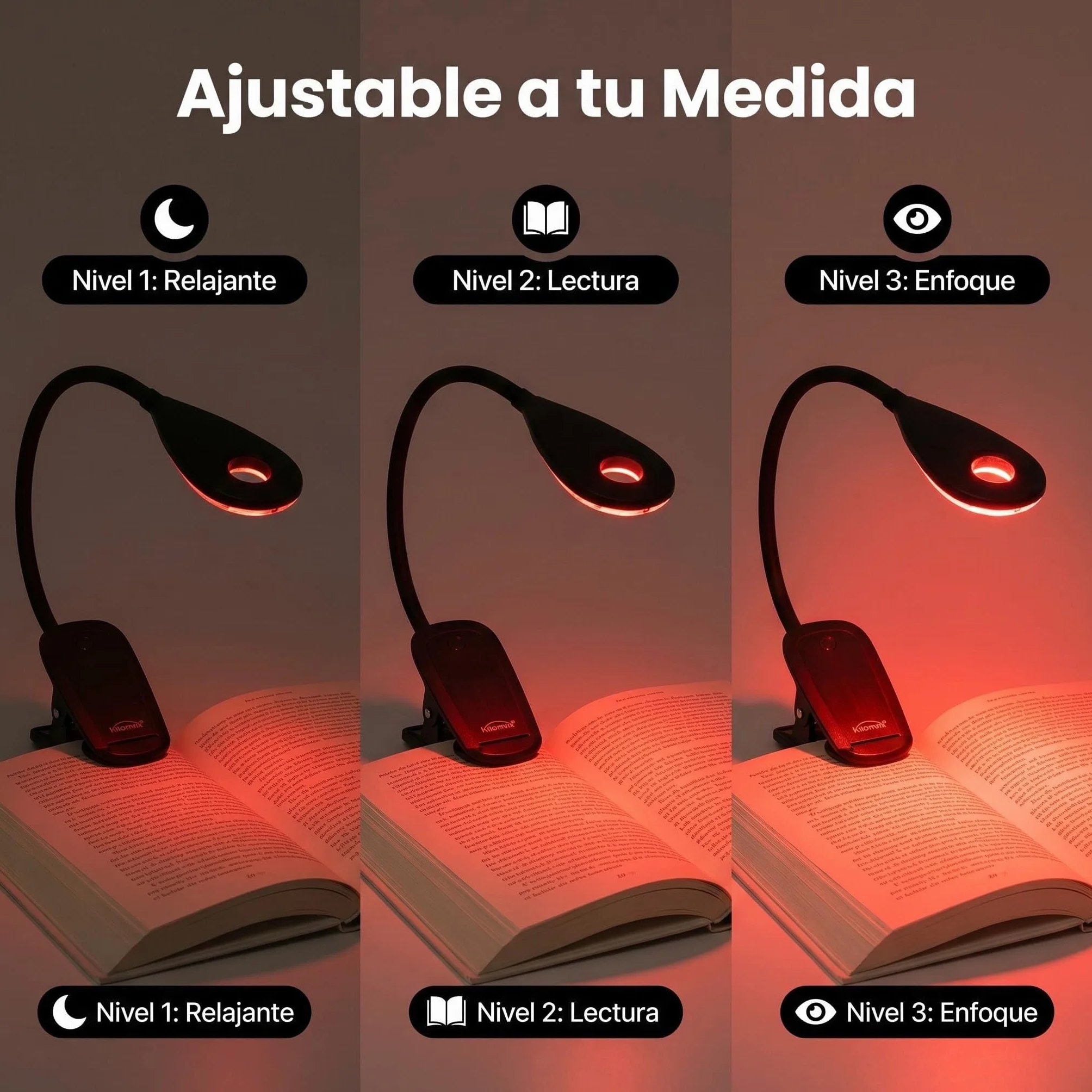 Lámpara Luz Roja Nocturna Melatonina 0% Luz Azul Sin Flicker Recargable USB 3 Intensidades Pinza Cuello Flexible 360°