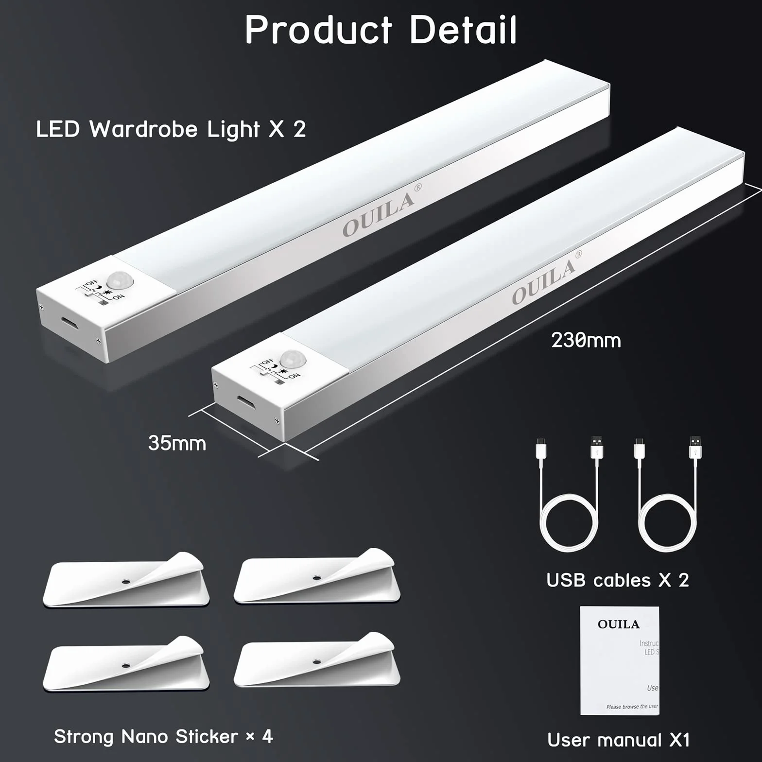 OUILA Luz LED Armario Magnética con Sensor Movimiento Blanco Natural 5000K 36 LEDs 4 Modos Recargable USB 1000mAh 2 Piezas