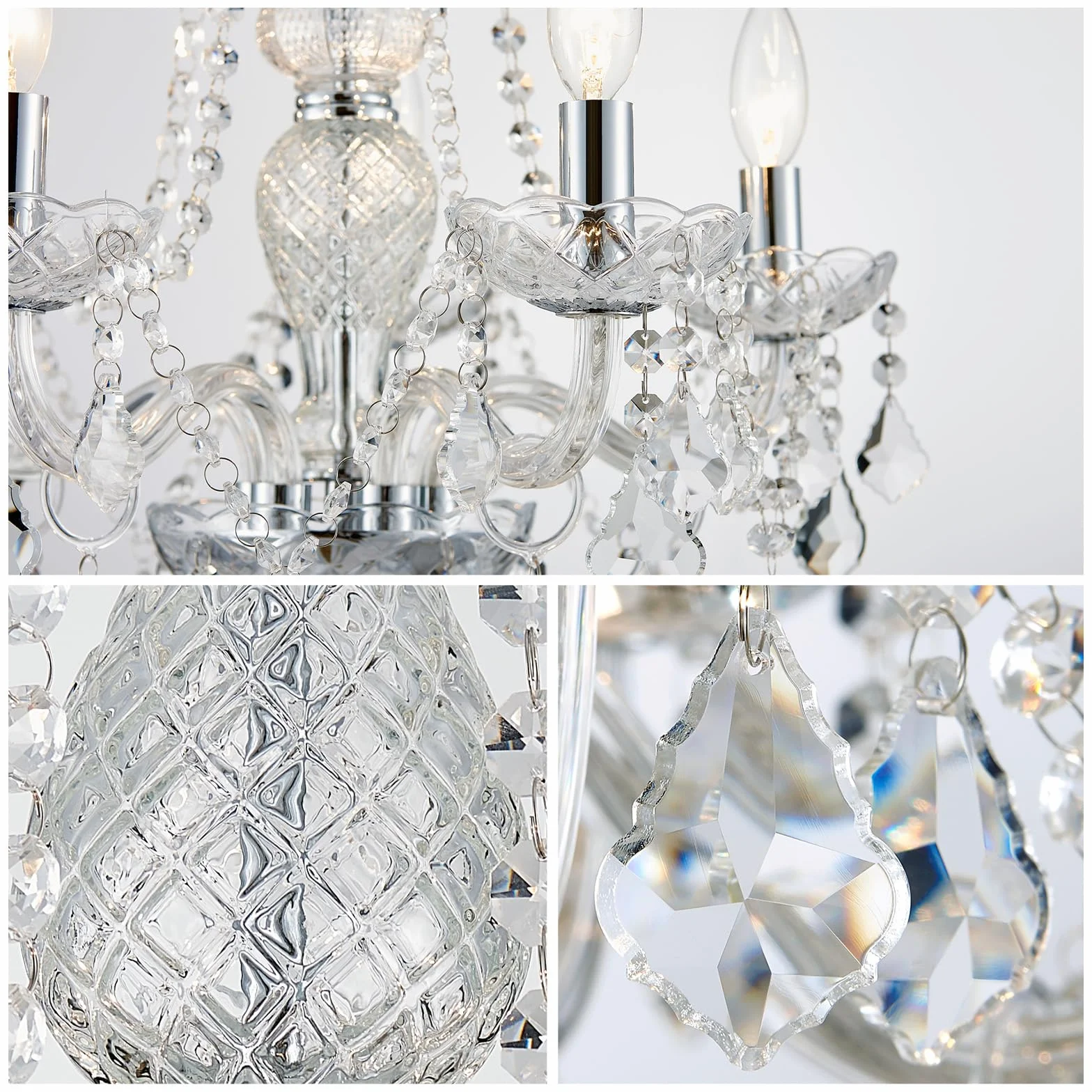 WUZUPS Crystal 5-Light Candle Chandelier Flushmount Chrome Ceiling Light, H 63.5cm x W 50.8cm, E14