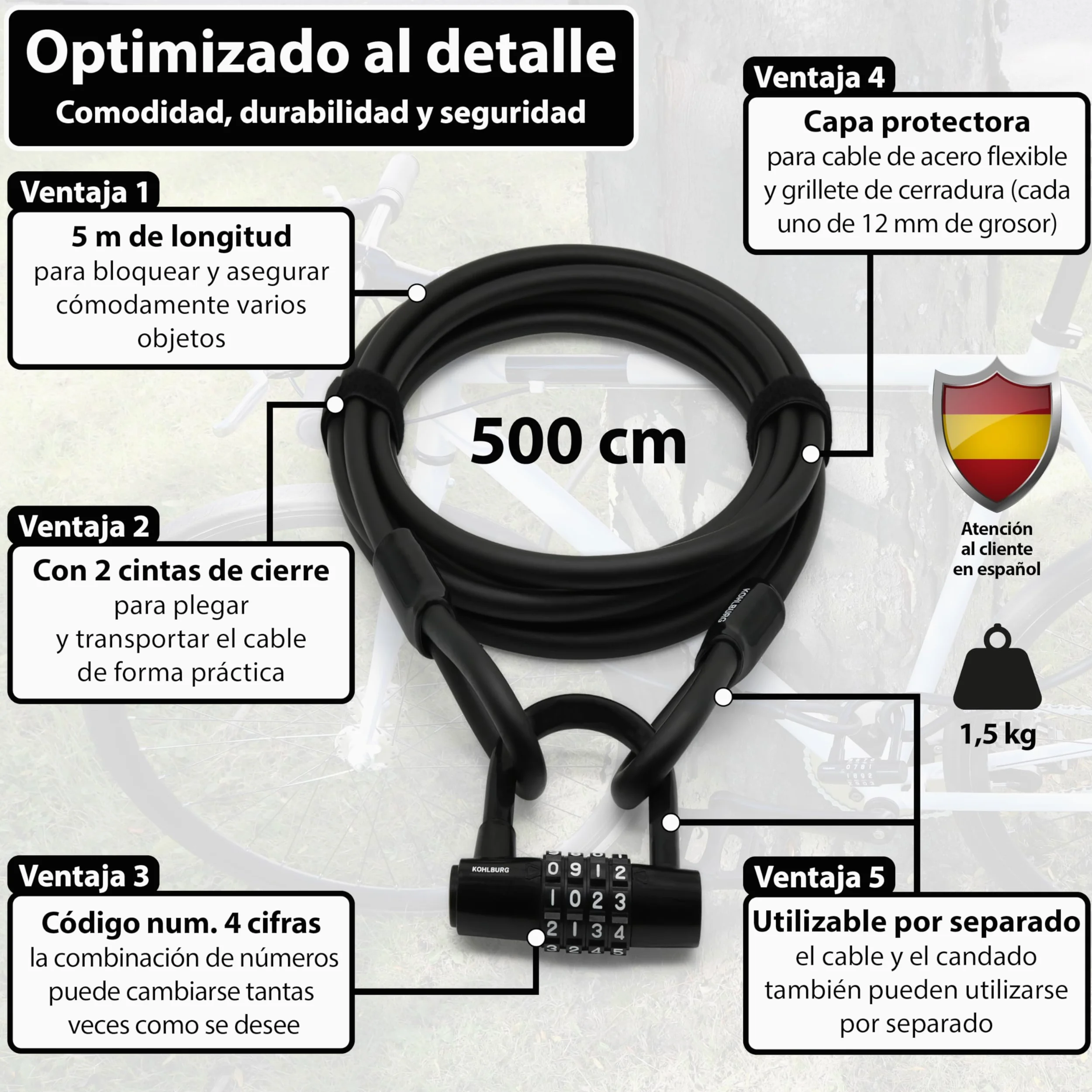 KOHLBURG Candado de cable con combinación 500cm candado bicicleta antirrobo | Candado combinacion 5 metros | Cable de acero con cintas de gancho y bucle | Antirrobo para bici, muebles de jardín, remolque