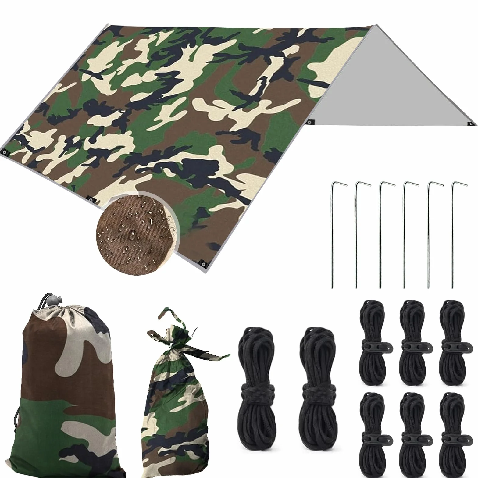 Toldo de Refugio Camping 3x3M, Toldo Camping Impermeable,Tienda de Campaña Tarp con 6 Cuerdas,6 Clavos de Tierra,2 Bolsa de Guarda,Lona Protectora Anti-UV para Vivac, Picnic, Playa, Hamaca