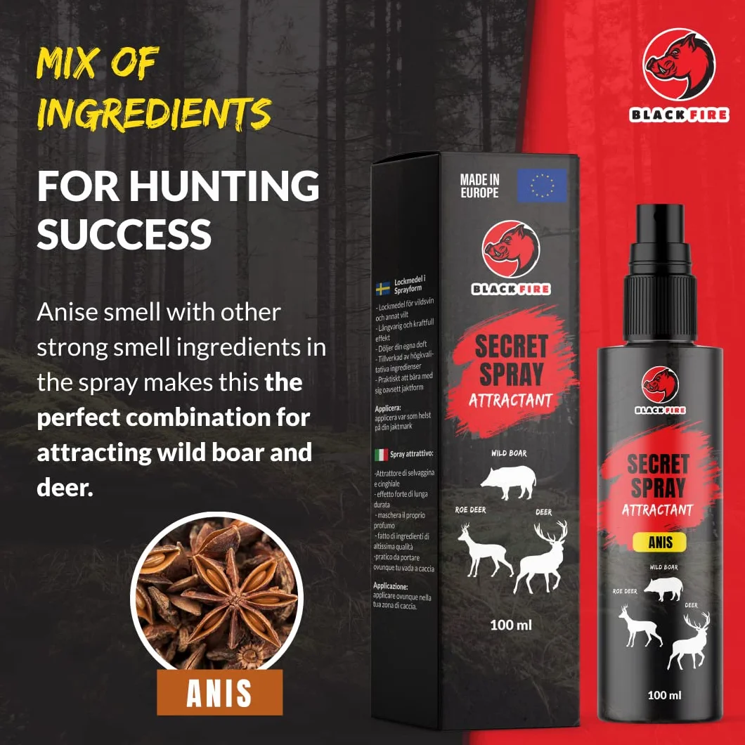 Spray Black Fire ® Spray con Aroma para jabalíes, Ciervos y corzos, Botella de 100 ml, Receta Secreta de anís - ¡Aumenta Tus Posibilidades de éxito Cuando caces!