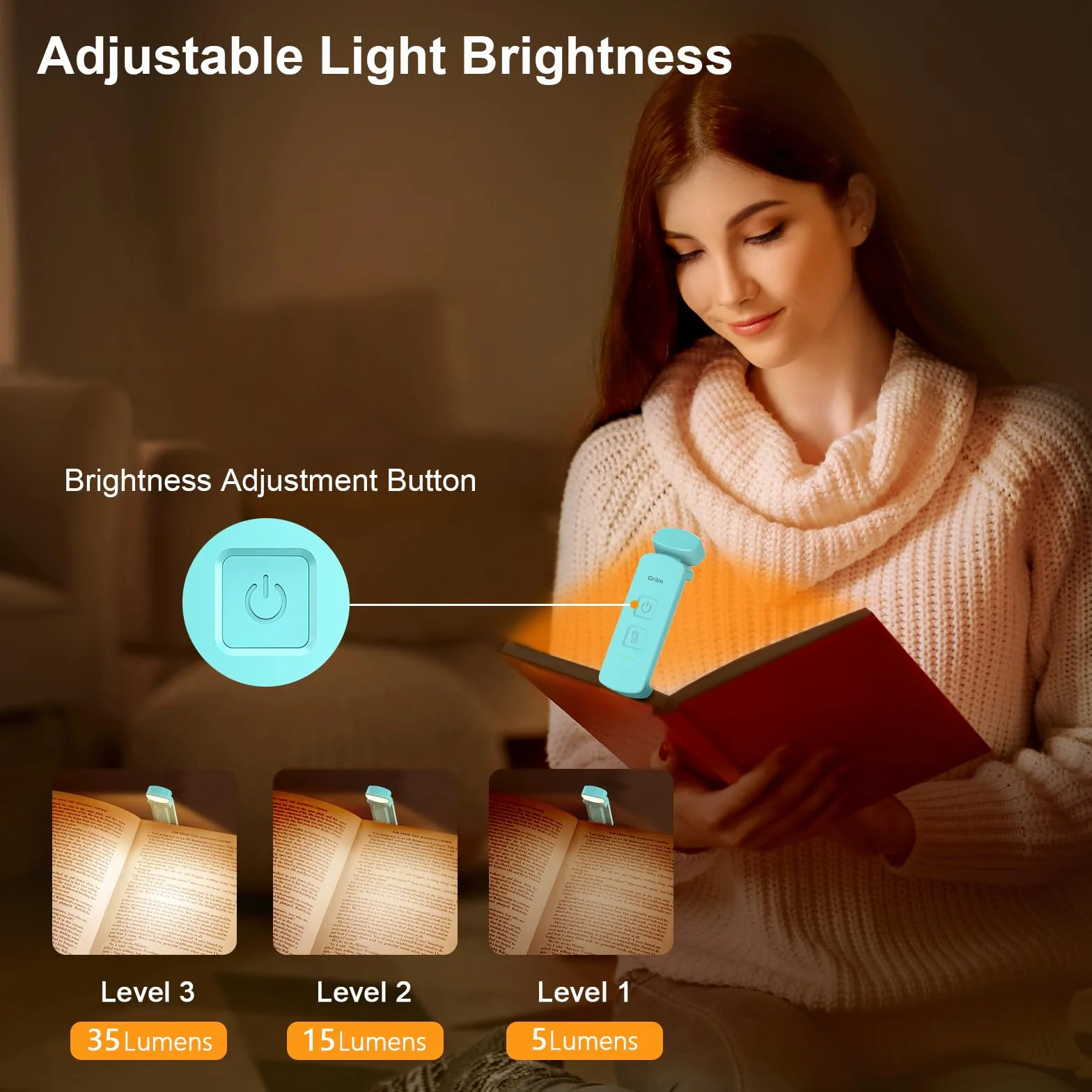 Gritin Lámpara de Lectura Recargable con Pinzas, 3 Colores y 3 Brillos Ajustables, Plegable para Leer en la Cama