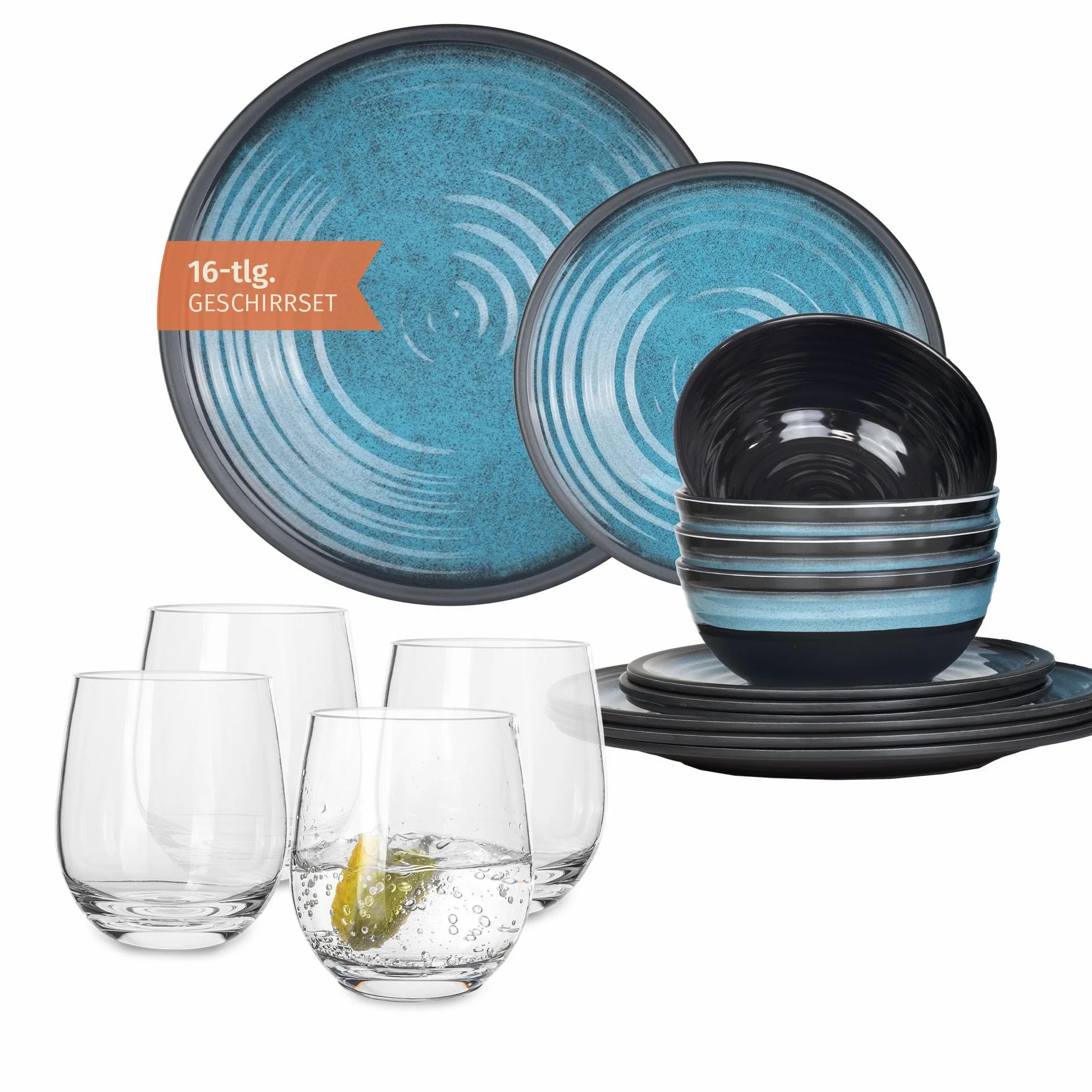 Vajilla de melamina para camping, 4 personas, color azul piedra + 4 vasos de agua Tiamo vajilla de picnic barbacoa