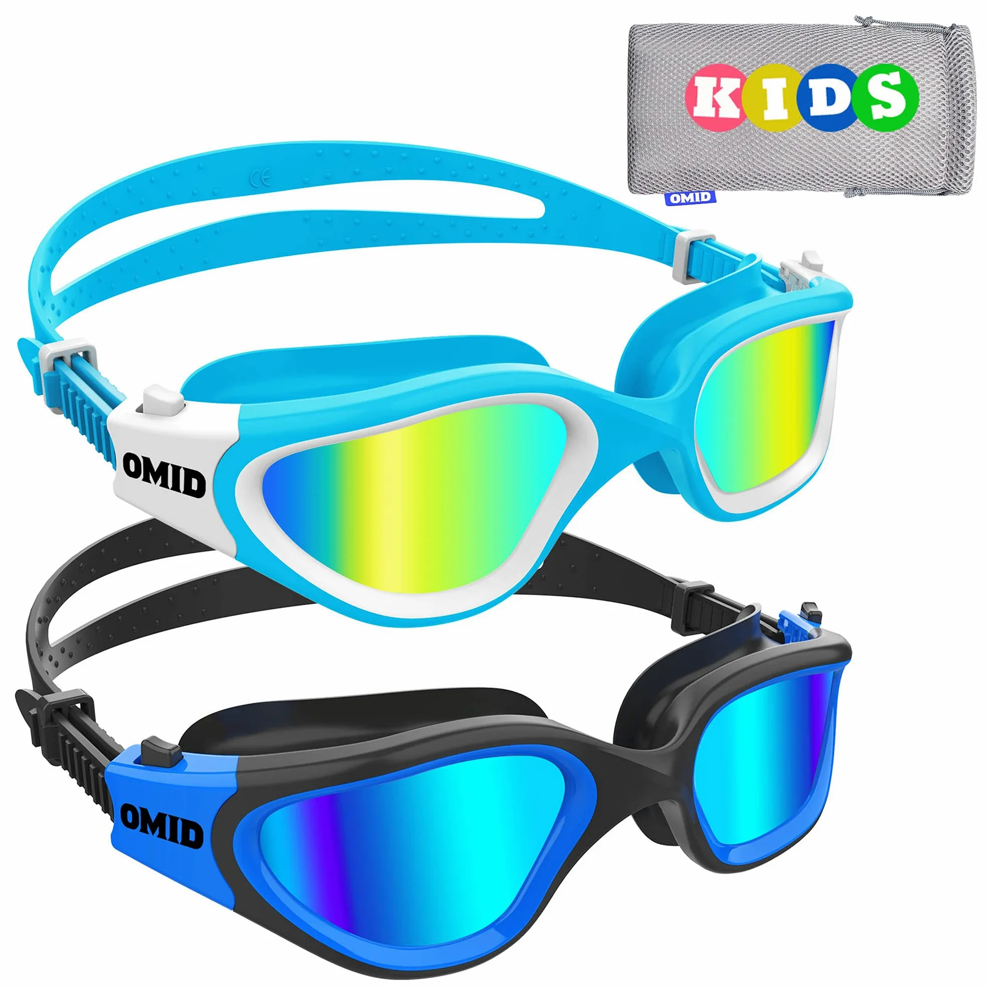 OMID - Gafas de natación para niños, 2 paquetes P2, cómodas polarizadas, unisex, antiempañamiento, sin fugas, para niños con protección UV de 6 a 14 años (azul dorado y negroazul)