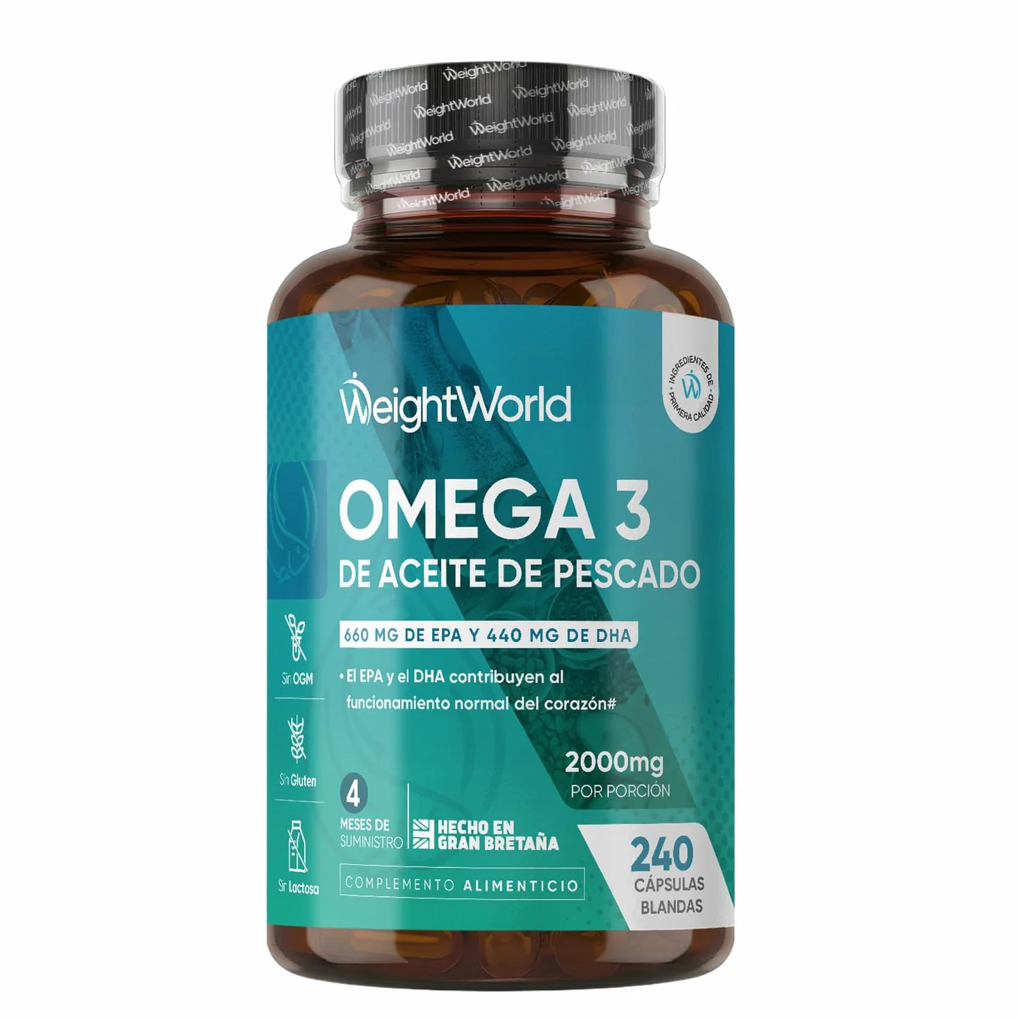 Omega 3 2000mg 240 Perlas de Aceite de Pescado EPA 660mg DHA 440mg Ácidos Grasos Omega 3 Sin OGM
