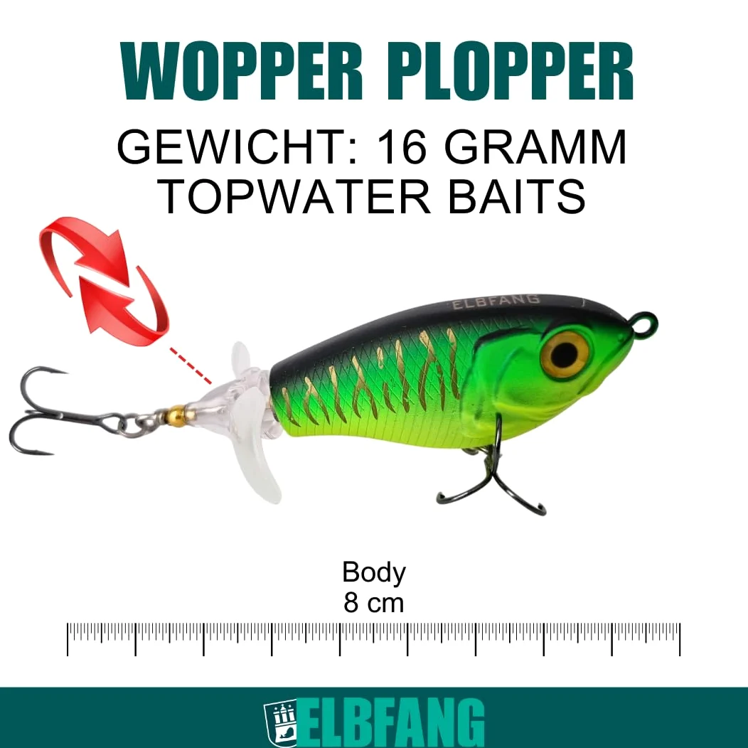 Topwater Señuelos de pesca | 8 cm – 16 gramos | 5 unidades con caja de cebo | Juego de cebos artificiales para pesca de lucio y bagre