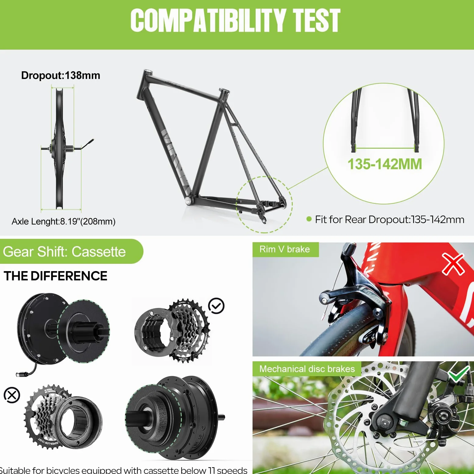 48V-1OOOW Motor Buje Trasero 27,5" 29"Kit Conversión Bicicleta Eléctrica | Varstrom JYLT Kit Ebike 26 27,5 28 29 Pulgadas 700C Motor Buje Trasero con Controlador & Pantalla. Cassette Freno Disco MTB