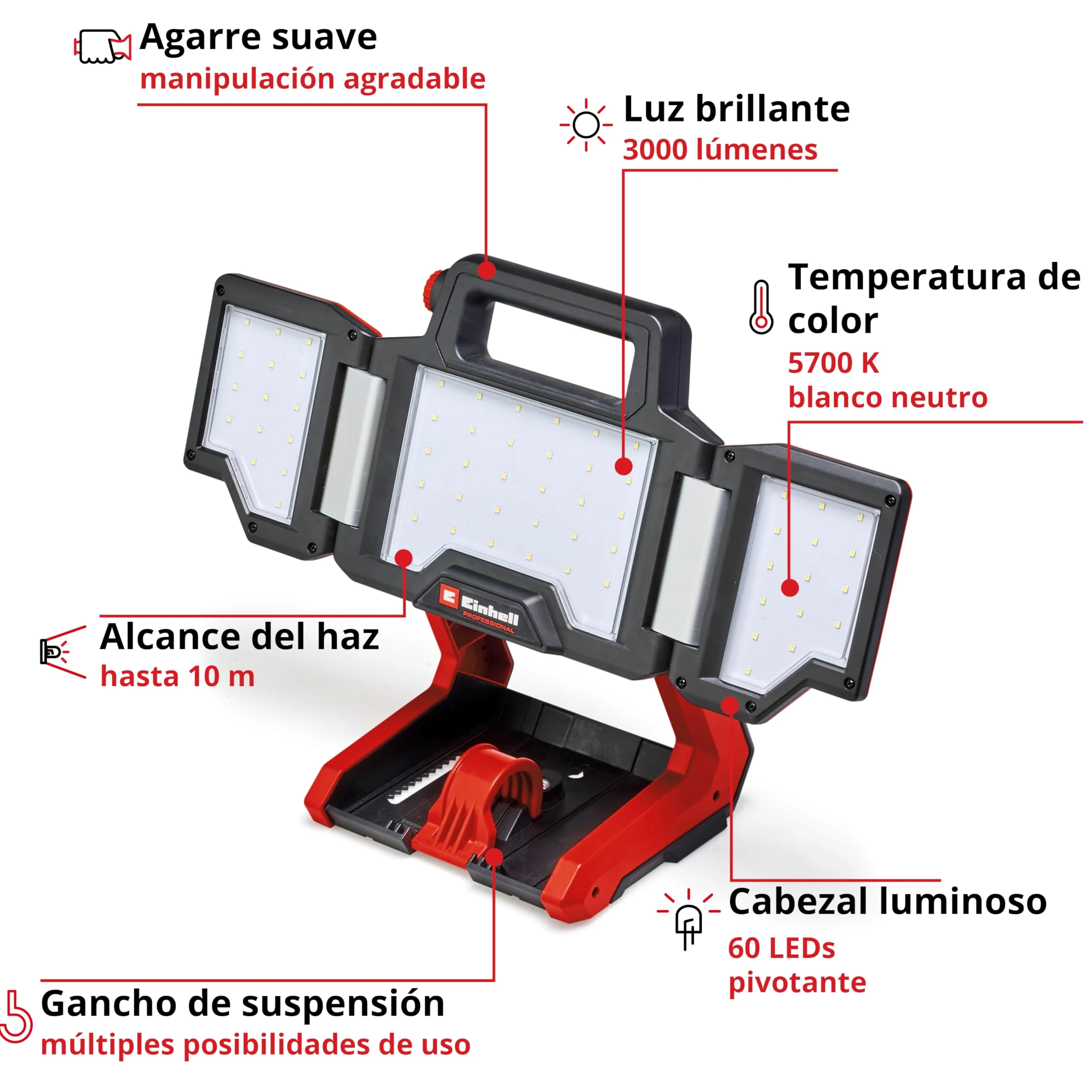 Einhell Professional Lámpara con batería TP-CL 18/3000 Li Set-Solo | PXC | 18 V | 3000 lm regulable | 5700 K | cabezal iluminación pivotante | paneles luminosos plegables | trípode | sin batería