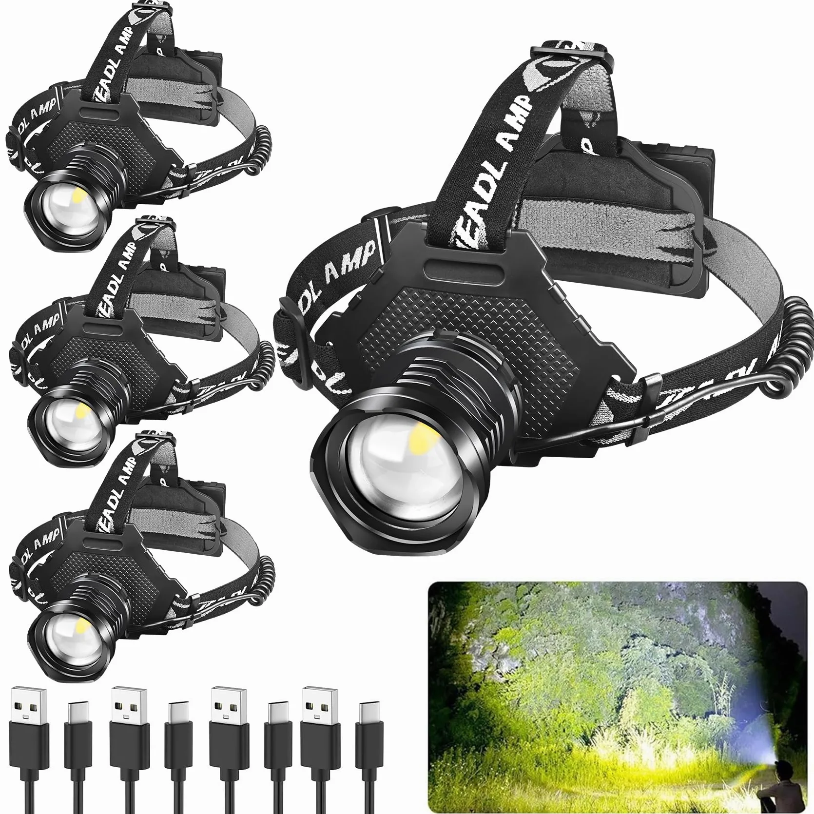 Linterna frontal LED recargable, paquete de 4, lámpara de cabeza súper brillante, faros delanteros para adultos recargables, IPX6 impermeable y luz frontal ajustable de 90° para correr al aire libre