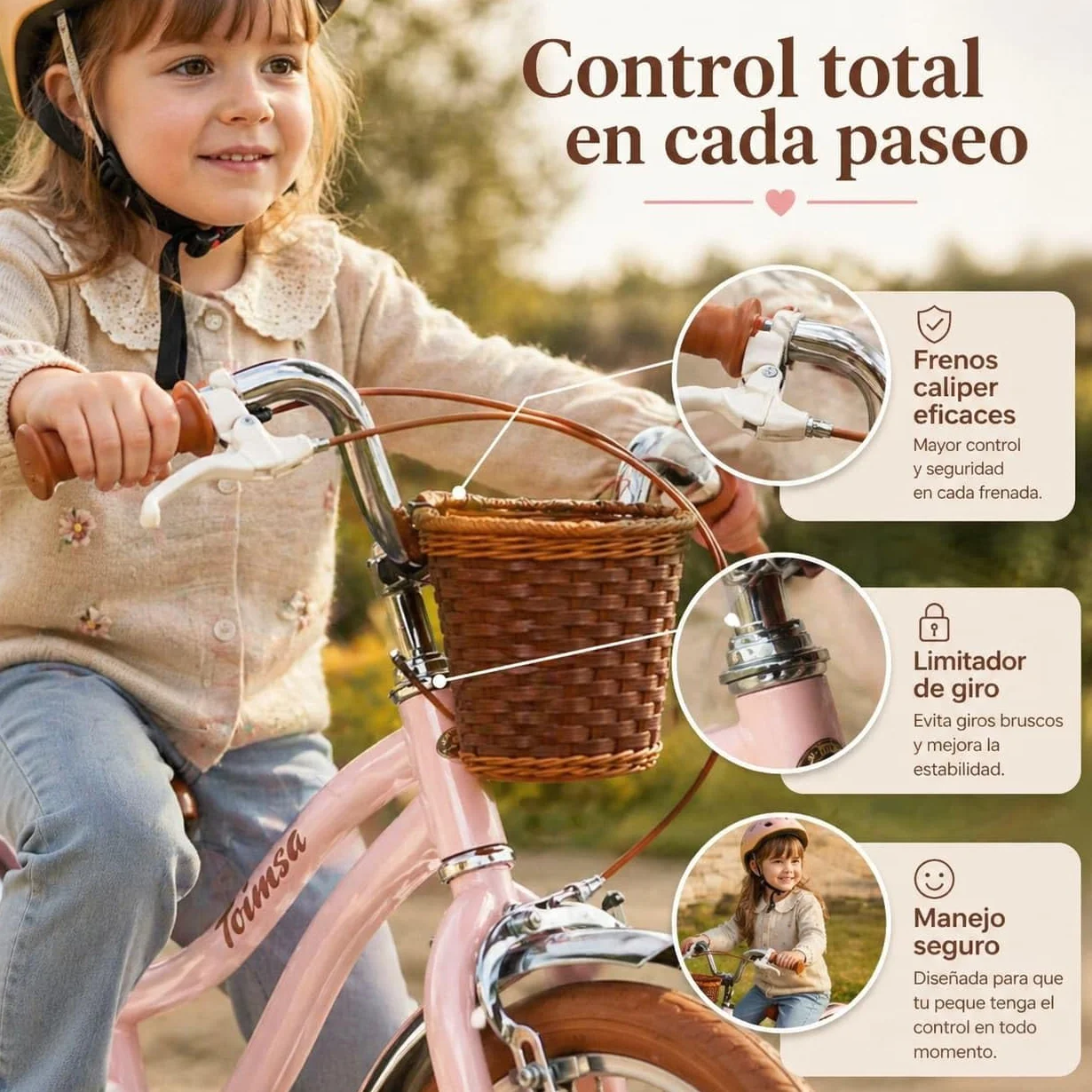 Toimsa - Bicicleta para Niños con Ruedines - Ruedas Hinchables 16 Pulgadas - Diseño Vintage Rosa - Sillin Regulable, Limitador Giro Manillar, Cesta Delantera y Portaequipajes - Bici Infantil +5 años