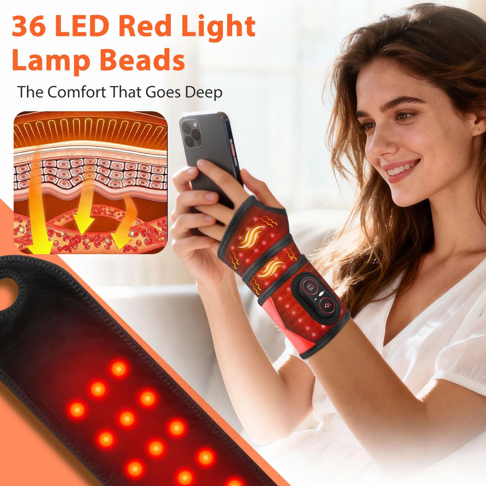 Almohadilla Térmica Para Muñeca Inalámbrica Con Vibración, Soporte Térmico Para Muñeca Portátil Con Luz Roja 660nm, 3 Niveles De Calor, 3 Modos De Vibración, Batería Integrada 3000mAh, Longitud 69cm