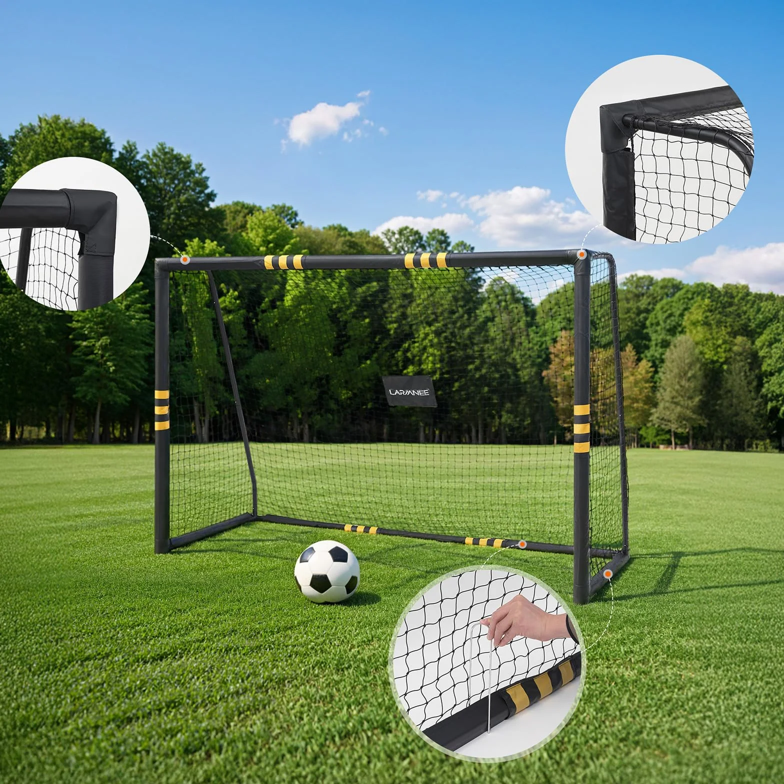 LARMNEE Portería de Fútbol 240 cm, Red de PE, Cubierta Protectora de Espuma, Resistente a la Intemperie