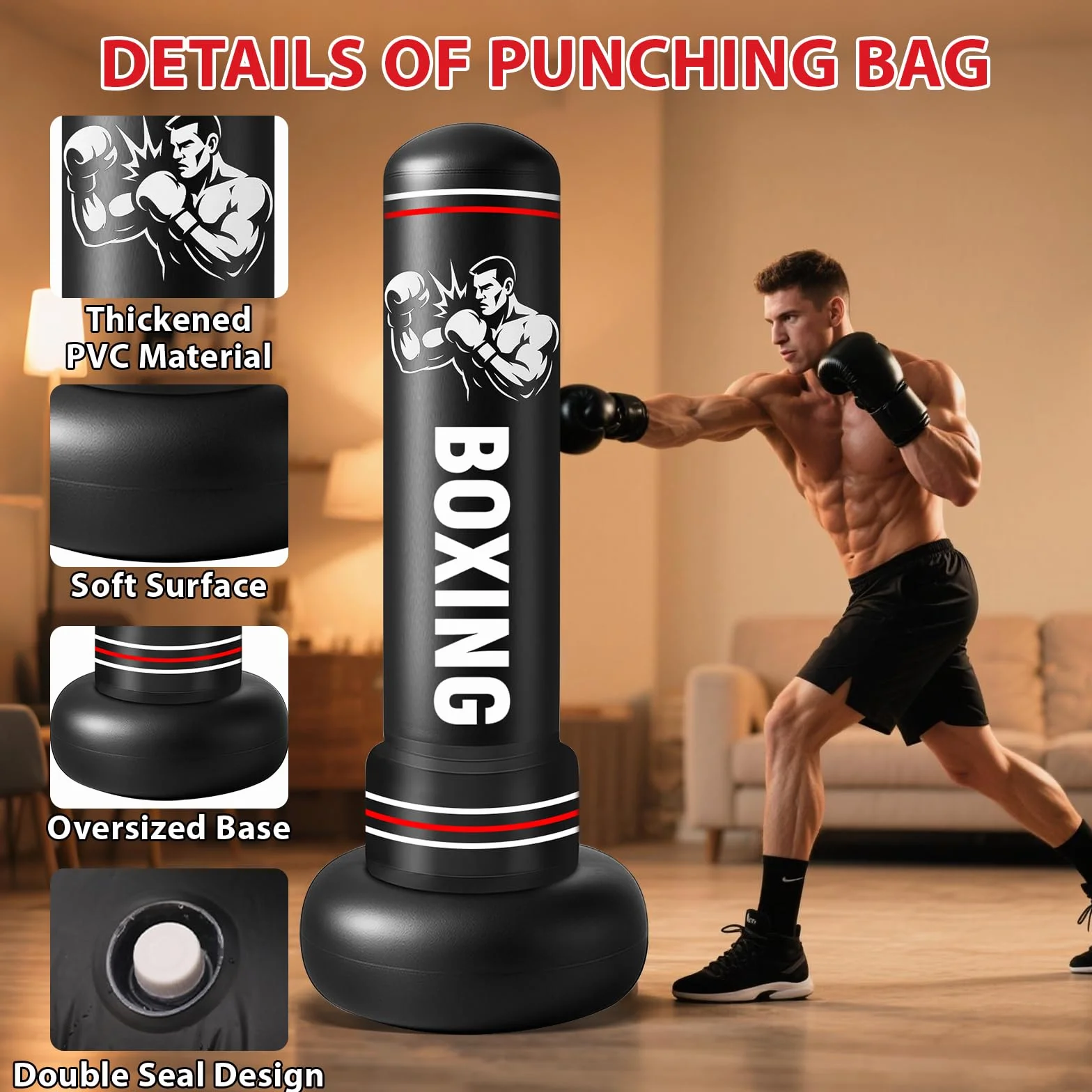 Saco de Boxeo Adultos, 190cm Sacos de Boxeo de Pie on Guantes y Bomba de Aire, Punching Ball Inflable Entrenamiento para Karate, Kickboxing, PVC Fitness Boxeo Regalo Ideal