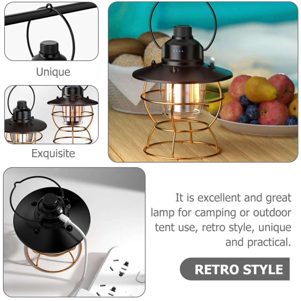 Linterna de Camping Recargable USB Vintage Batería de Litio Integrada, Brillo Ajustable y Cuerpo de Aleación de Aluminio para Uso en Tienda al Aire Libre