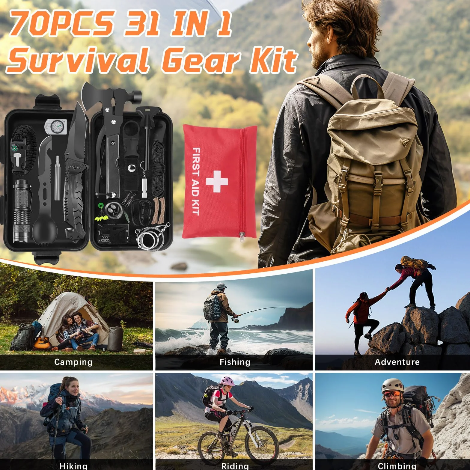 Kit de Supervivencia, 70 en 1 Kit de Supervivencia de Emergencia al Aire Libre, Multifuncional Equipo de Botiquín Primeros Auxilios, Kit de Emergencia para Viajar Caminar Acampar al Aire Montaña