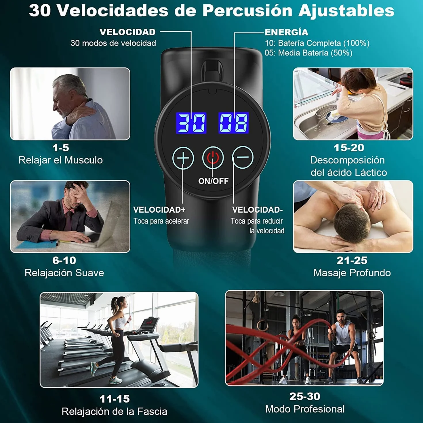 Pistola de Masaje Muscular Eléctrica 30 Velocidades 8 Cabezales Pantalla LCD Táctil Negro