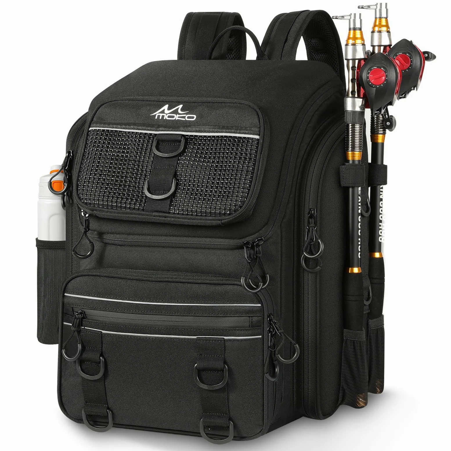 MoKo Mochila de Pesca, Mochila Grande 40L con portacañas y Carpeta de Cebo para Guardar el Equipo de Pesca y el Equipo de Senderismo y Camping, Regalos para Hombres y Padres, Negro