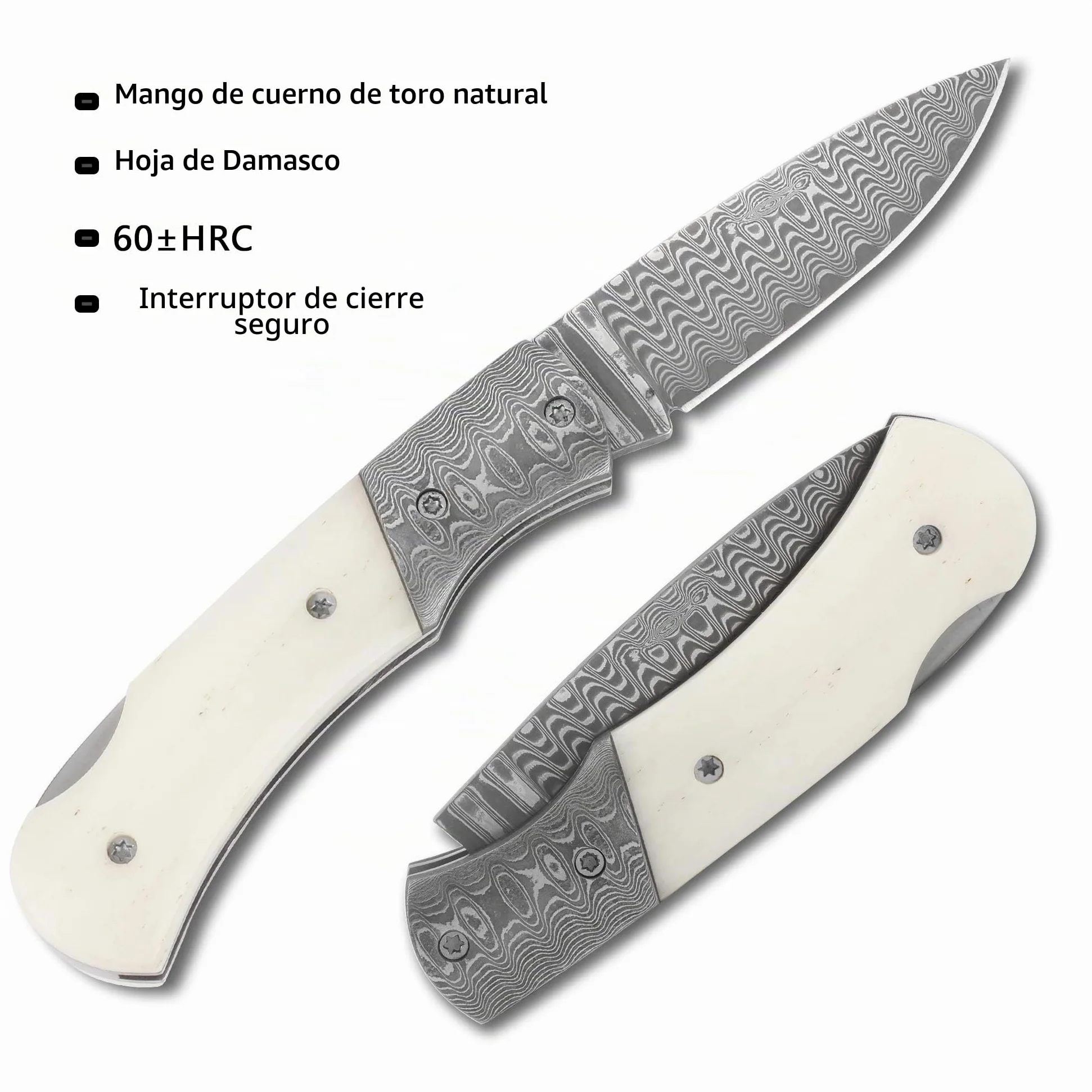 YOUSUNLONG Navaja de bolsillo y navaja 140mm - hoja de acero damasco - mango de hueso de toro