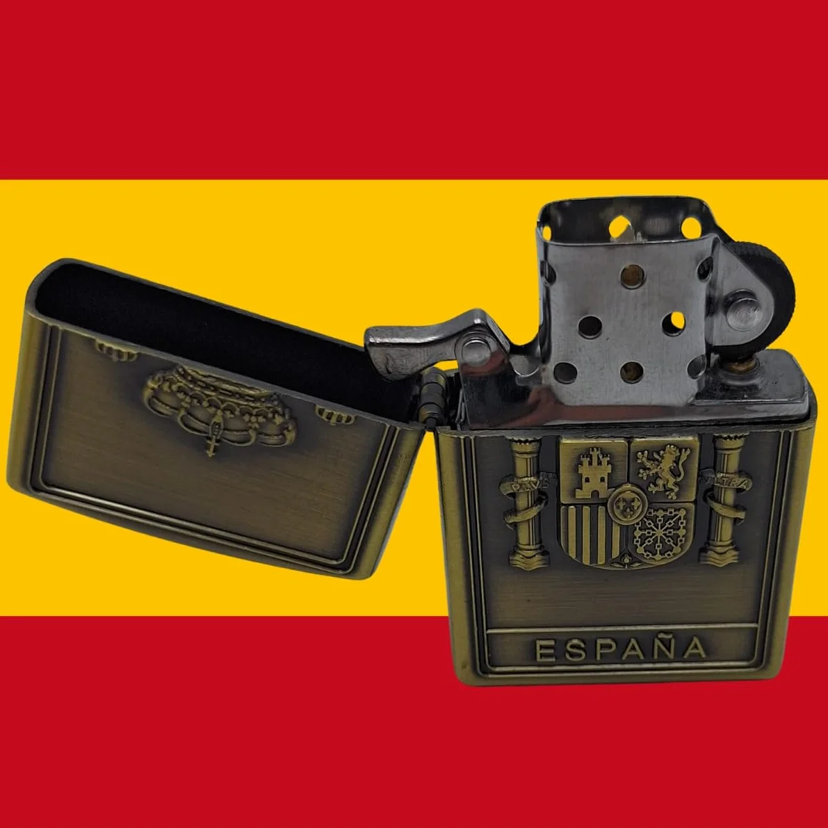 Mechero Recargable Dorado Escudo España Escena Taurina Cajita Madera Bandera España