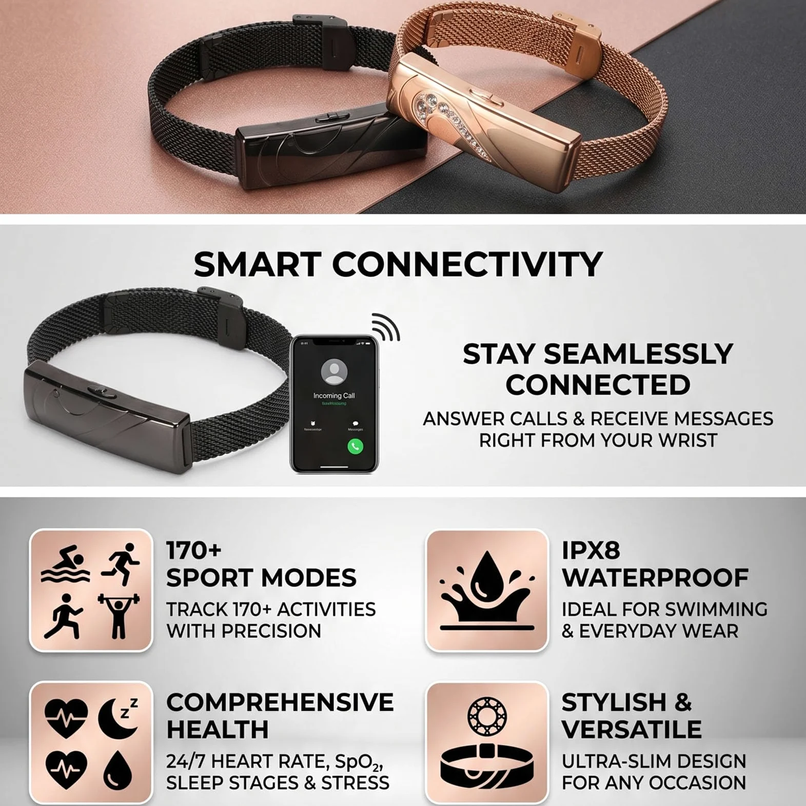 Pulsera Inteligente para Hombres y Mujeres, Rastreador de Actividad Física 170 + Modos Deportivos, Monitor de Sueño y Estrés 24/7, Pulsera para Parejas con Impermeabilización