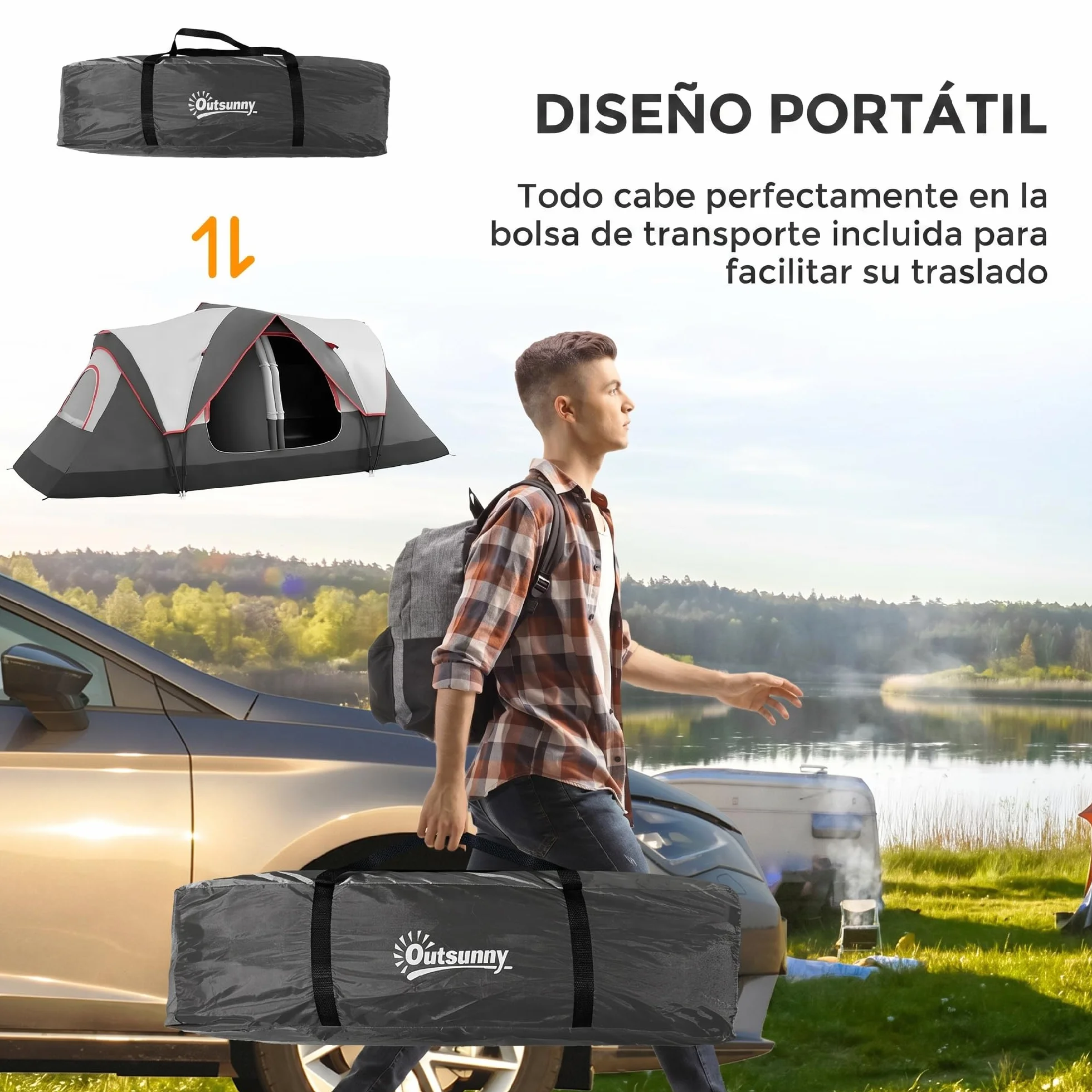 Outsunny Tienda de Campaña Familiar para 6-8 Personas Tienda de Camping Plegable con 2 Habitaciones y Bolsa de Transporte Impermeable para Senderismo 450x215x180 cm