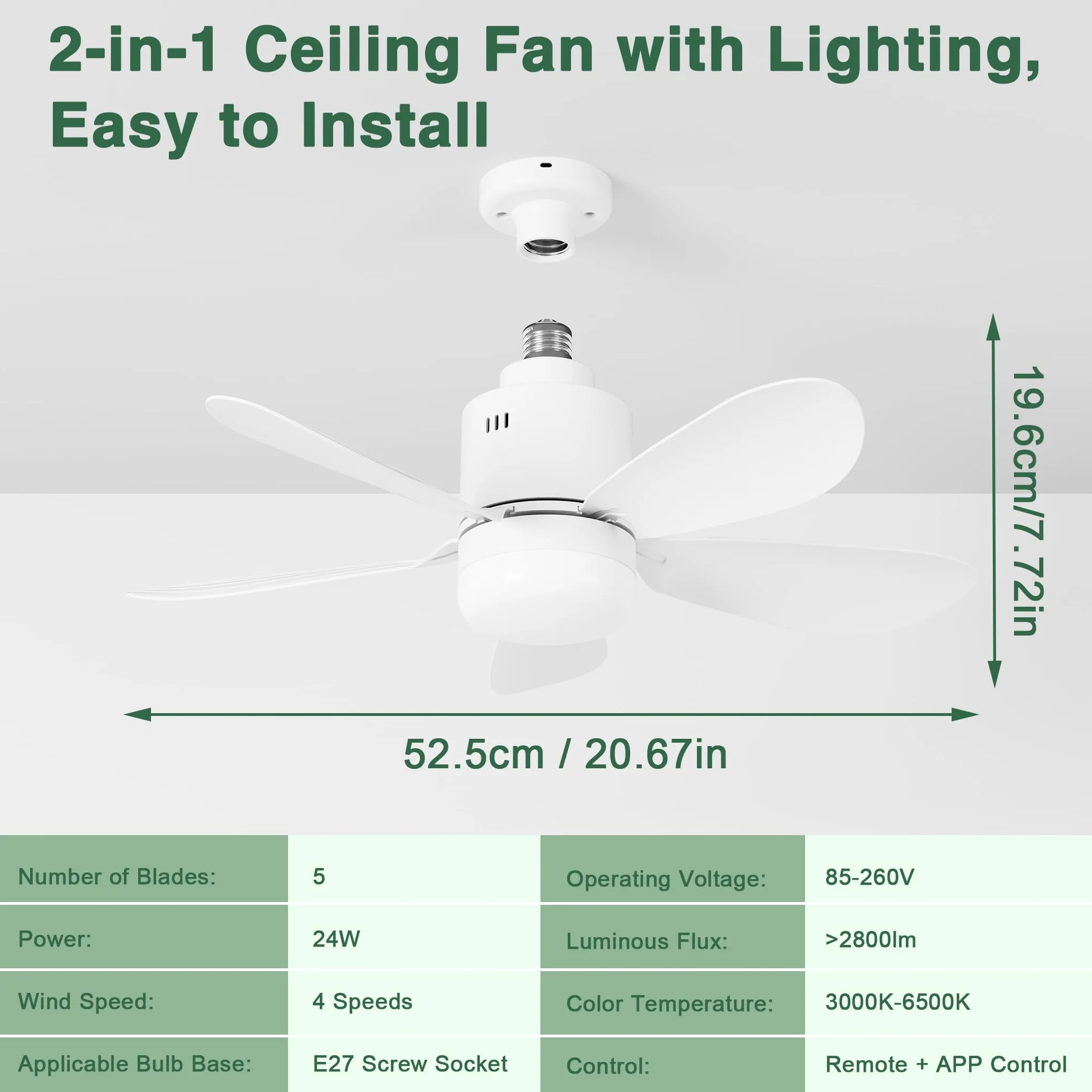 Ventilador de Techo con LED, Mando a Distancia 24W 53cm 3 Tonos Luz 4 Velocidades