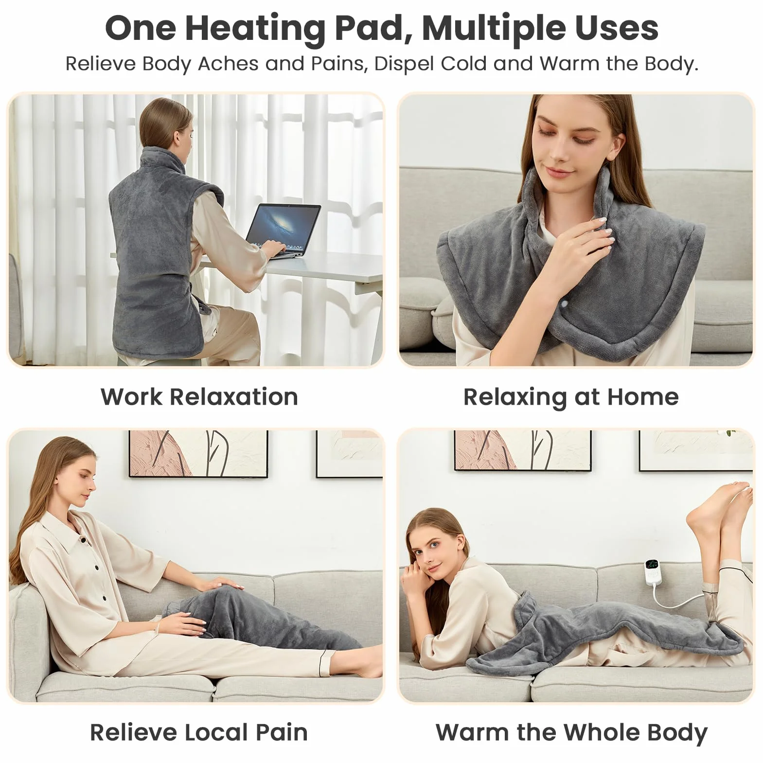 Uplayteck Almohadilla Térmica para Espalda y Cuello, 8 Niveles de Calor, 6 Ajustes de Temporizador, Apagado Automático y Calentamiento Rápido, Manta Eléctrica Lavable Franela (61×94cm)