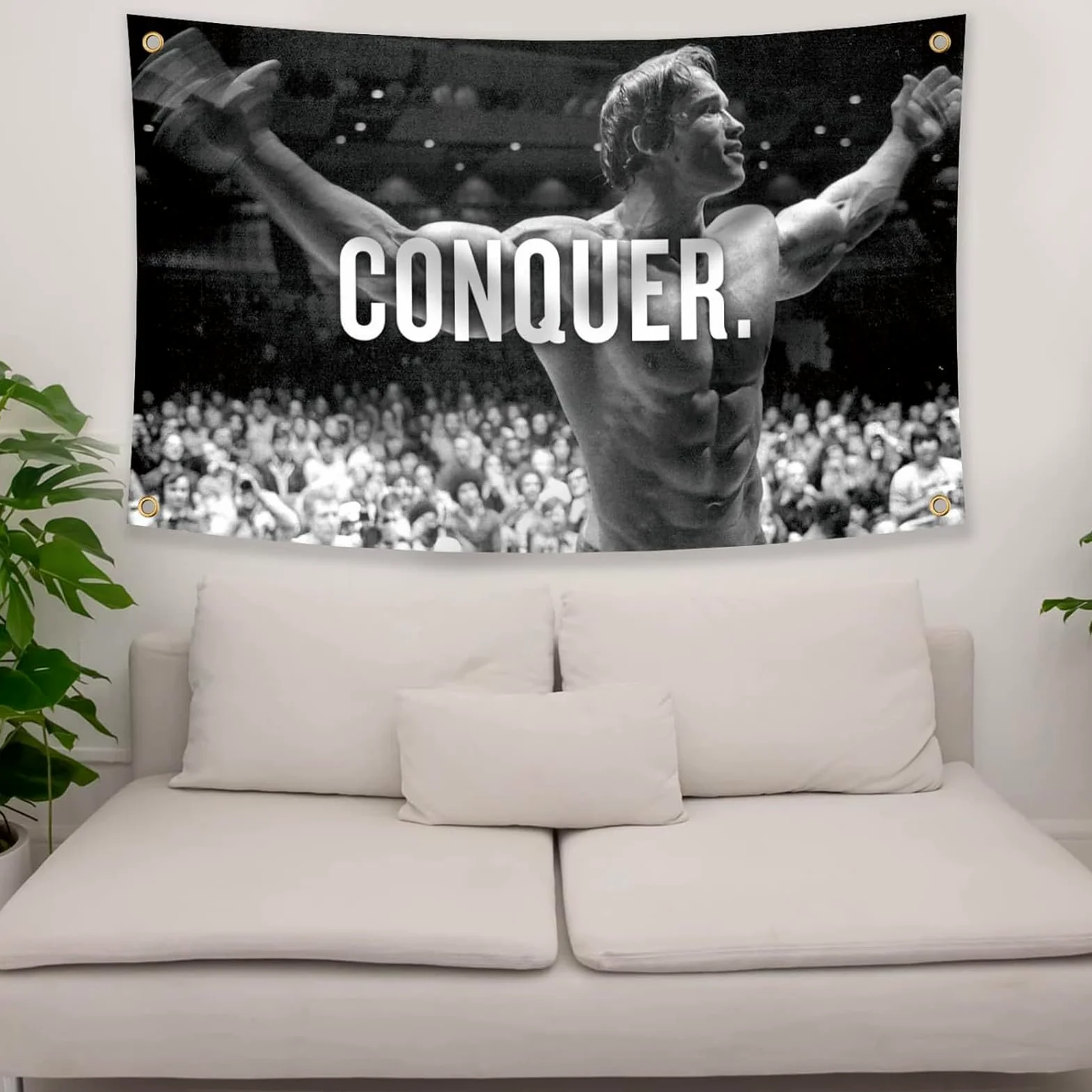 Bandera de Schwarzenegger, Motivación Gimnasio Divertido Póster de Fitness Poliéster 90 g con Ojales con Doble Aguja Cosida, para Dormitorio, Sala de Estar (90 x 150 cm)