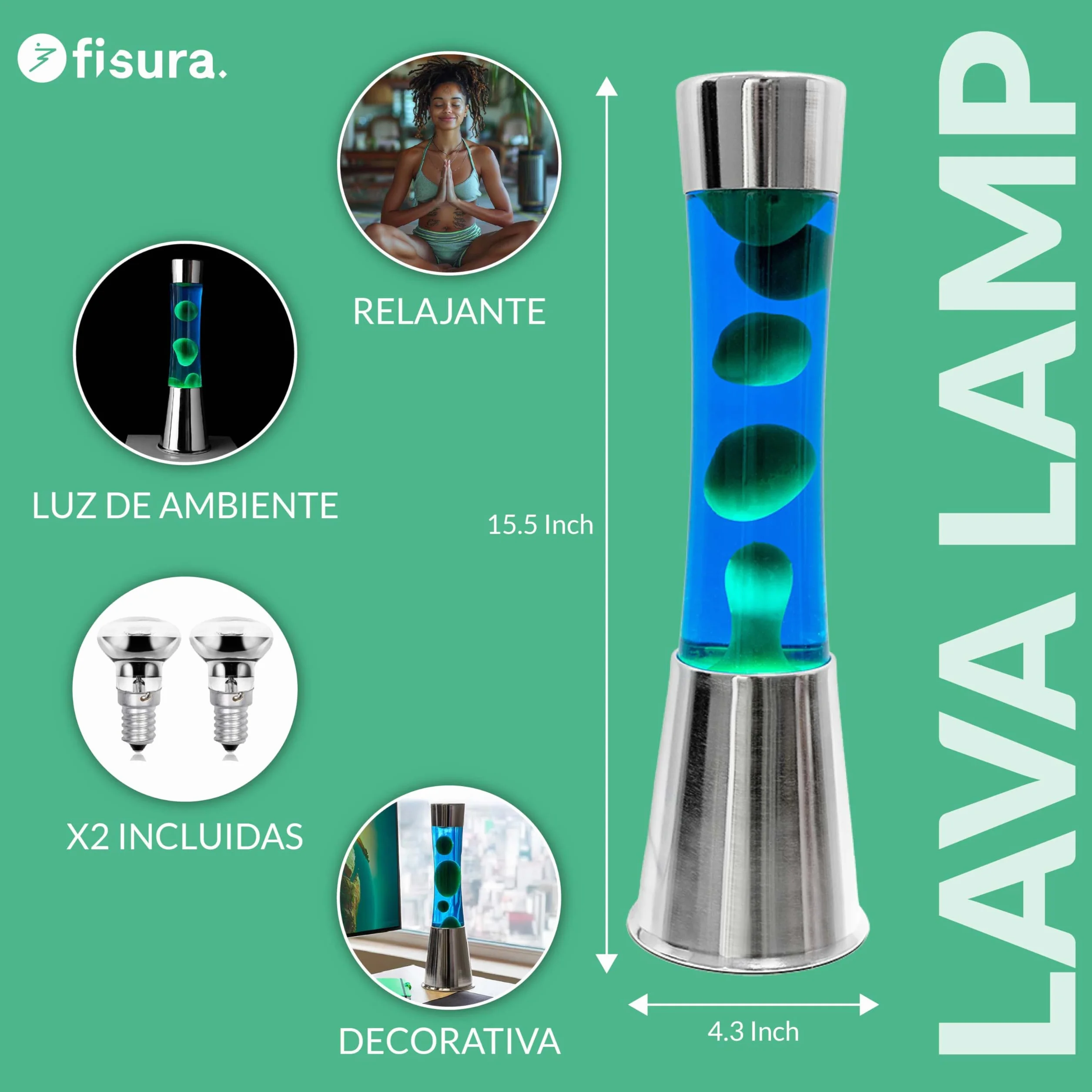 Fisura Lámpara de lava verde y azul 11 cm base cromada con bombilla de repuesto