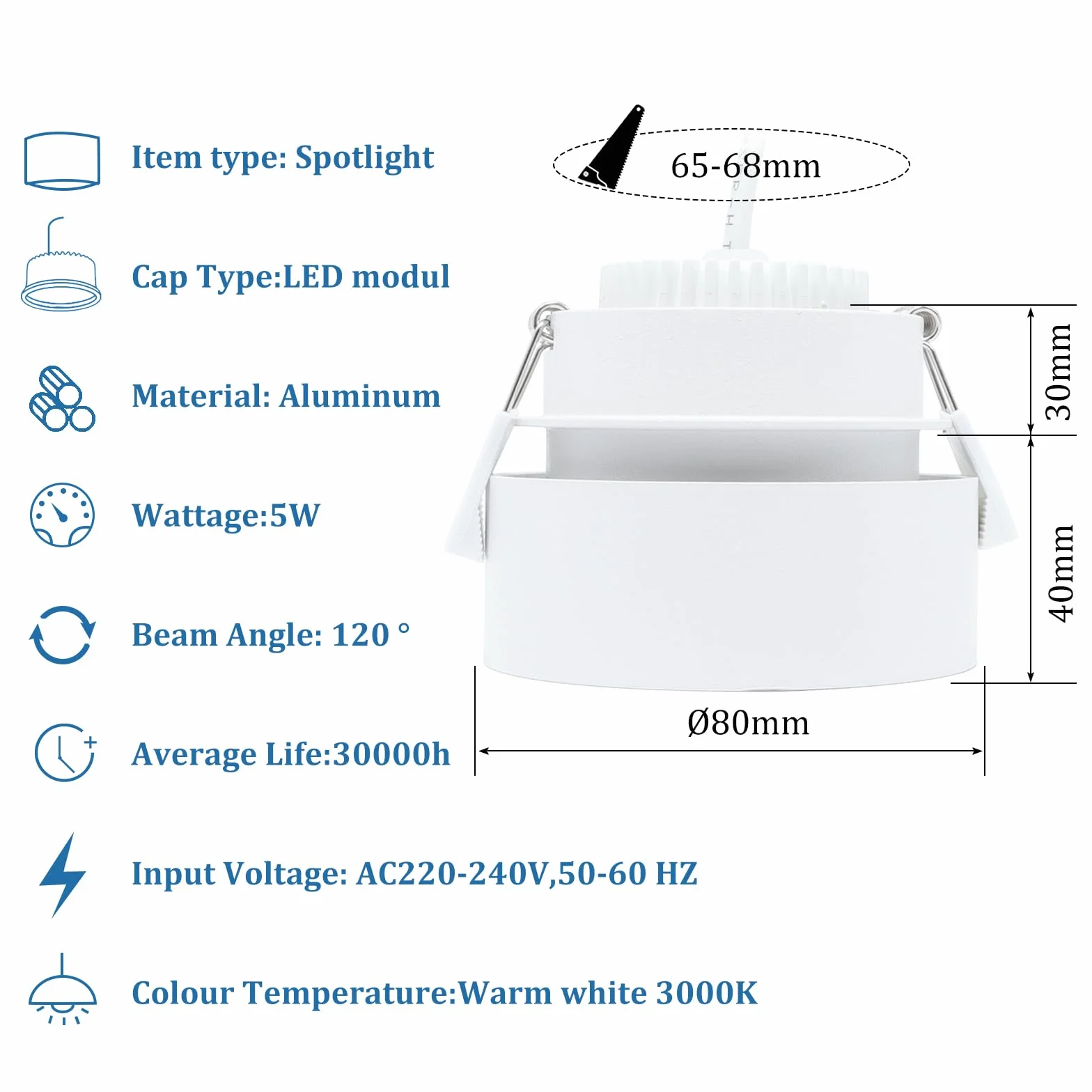 KYOTECH Foco LED de techo empotrable 5W 3000K 400lm blanco cálido redondo extraplano 30mm