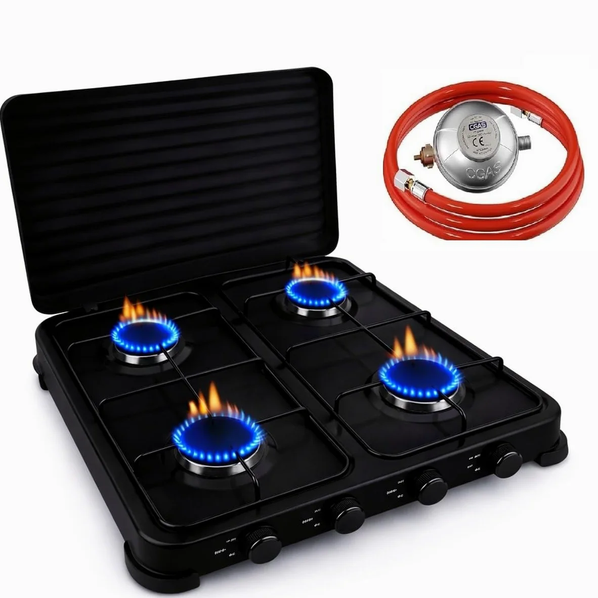 SMH LINE® Hornillo de gas para camping, 4 fuegos, incluye manguera y regulador, 50 mbar, gas propano de 10 kW, hornillo de camping, botella de gas, estufa de exterior, cocina XL (incluye manguera y