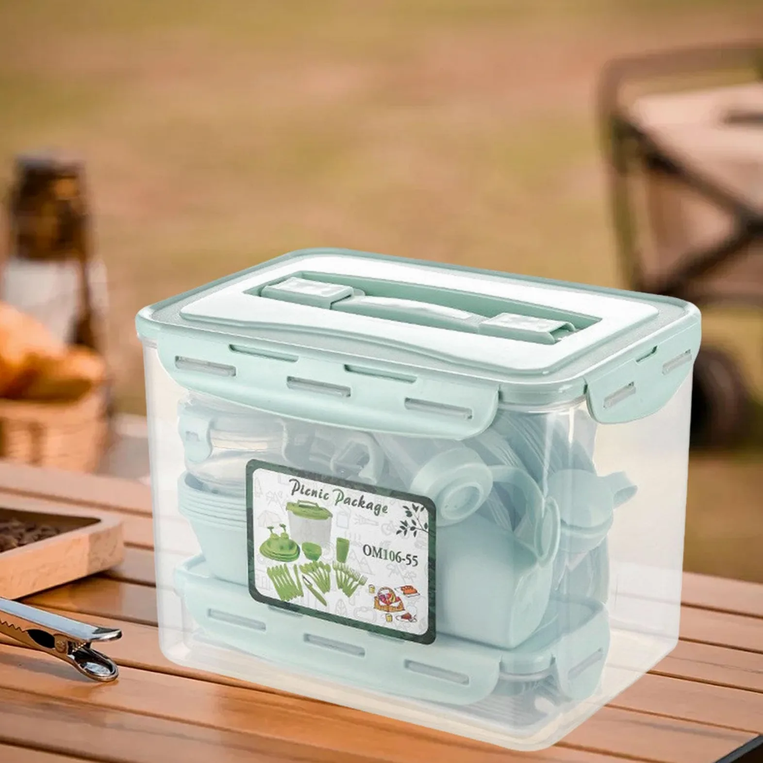 56 Piezas Cubiertos Portátiles Reutilizables Vajilla Completa Cucharas Tenedores Vasos Platos con Caja de Almacenaje Adecuado para Camping Picnic, Verde