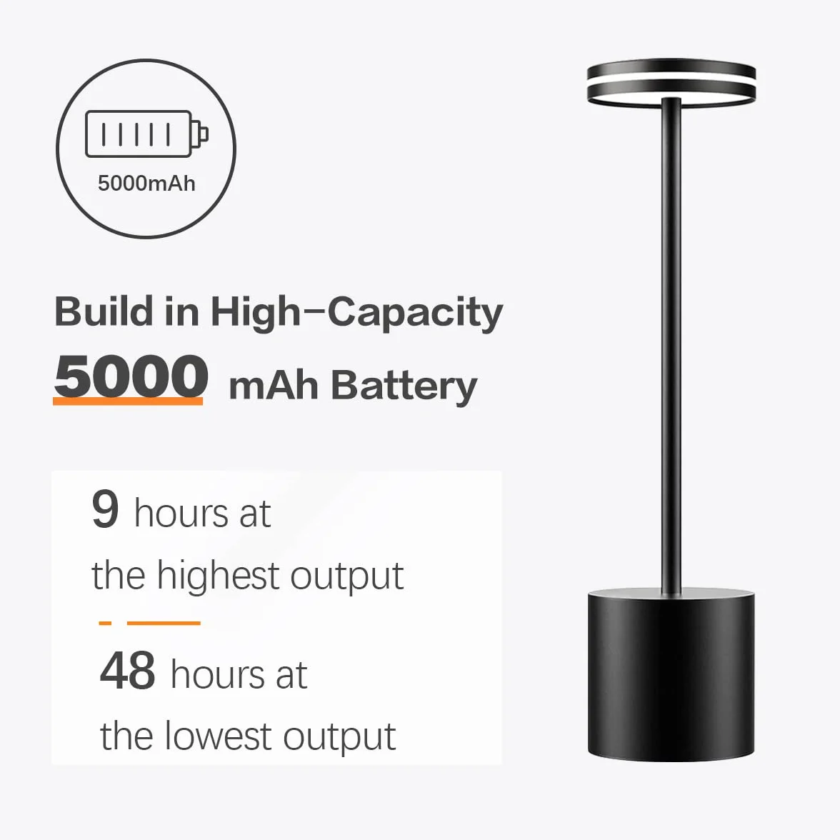 Hapfish Lampara de Mesa LED Recargable Inalambrica 5000mAh USB 3 modos de color Negro