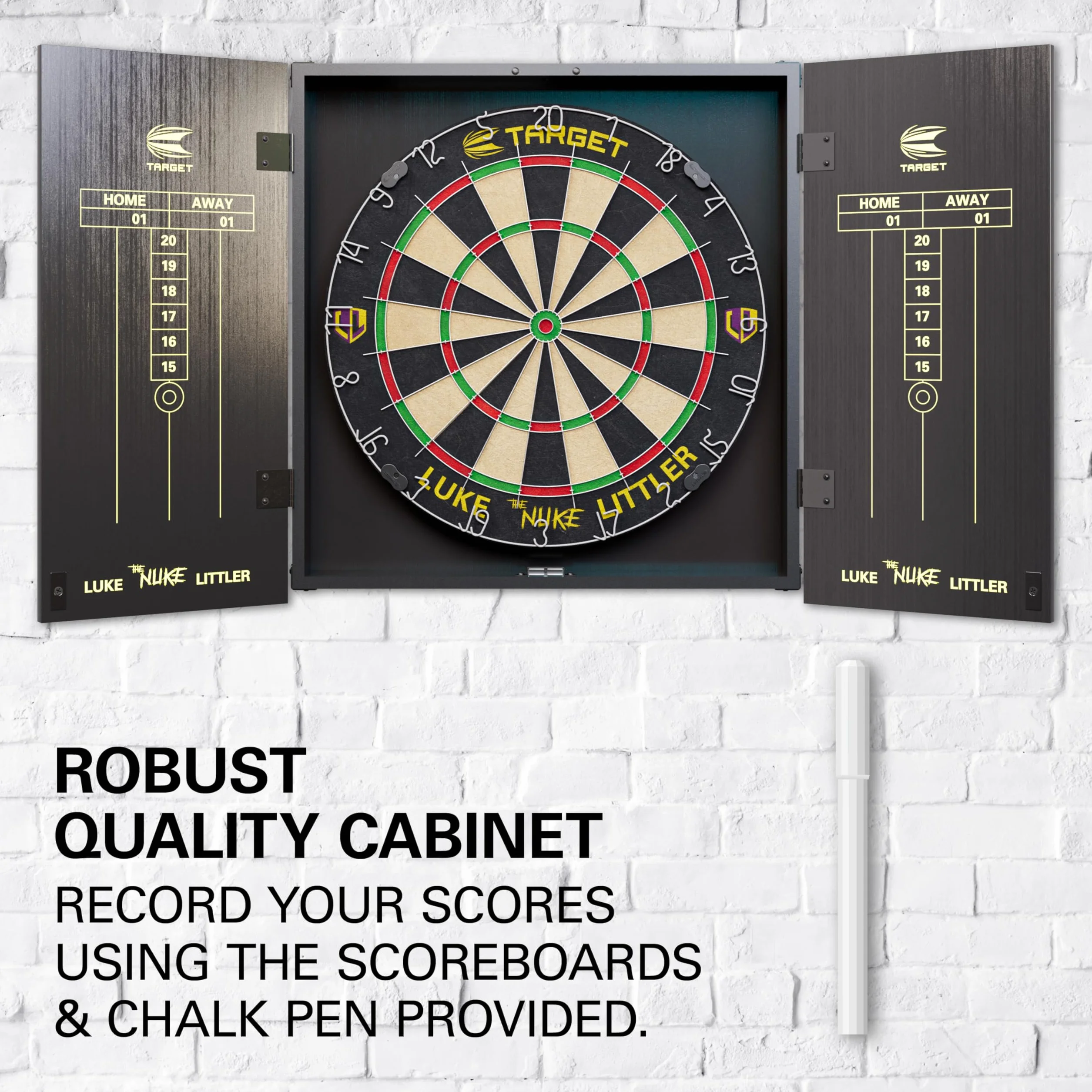 Target Darts Juego de Diana y Armario para Jugadores | Luke Littler/Dimitri Van den Bergh/Gabriel Clemens | Armario para Diana con 2 Juegos de Dardos con Punta de Acero, Tablas de Puntuación, Línea
