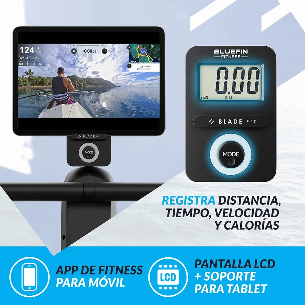 Máquina de Remo Blade FIT de Bluefin Fitness | Compatible con Kinomap | Máquinas de Remo para Casa/Plegable | Consola Digital LCD | App para Móvil | Máquina de Remo Plegable para Casa
