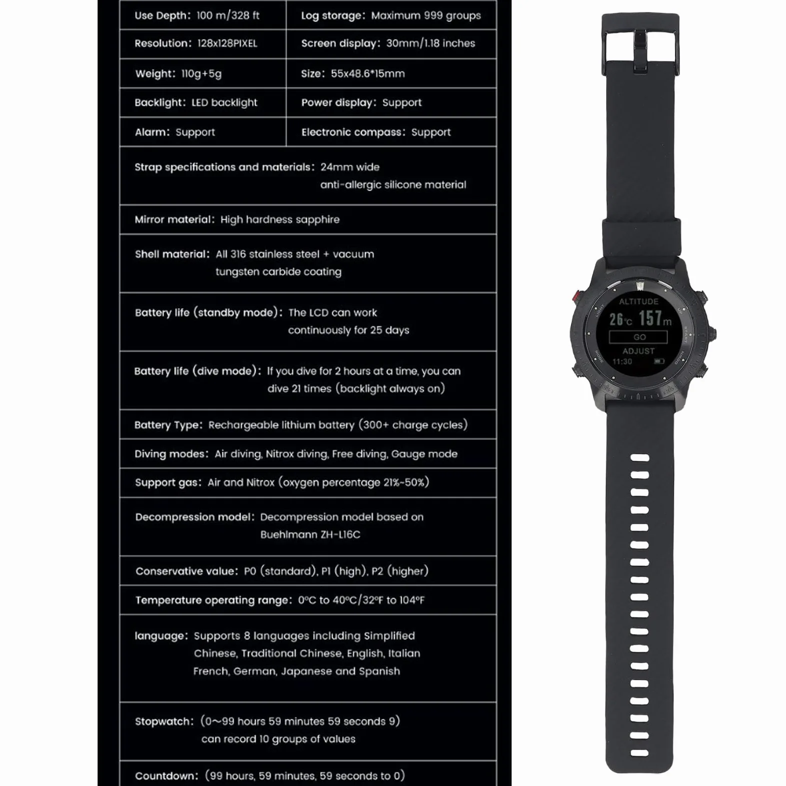 Reloj Informático de Buceo Profesional Batería de Larga Duración para Gestión del Estado Físico Aleación de Titanio Negro