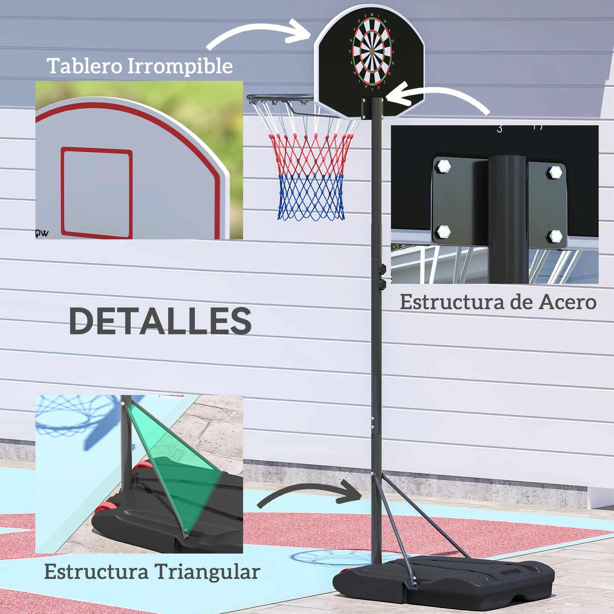 SPORTNOW Canasta de Baloncesto Exterior Tablero Dardos Altura Ajustable 210-247 cm Aro Portátil Ruedas Base Rellenable Negro