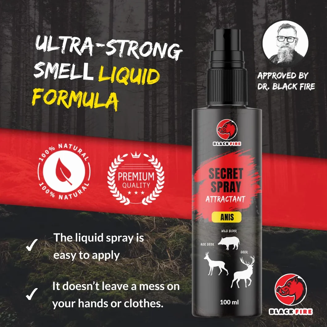 Spray Black Fire ® Spray con Aroma para jabalíes, Ciervos y corzos, Botella de 100 ml, Receta Secreta de anís - ¡Aumenta Tus Posibilidades de éxito Cuando caces!