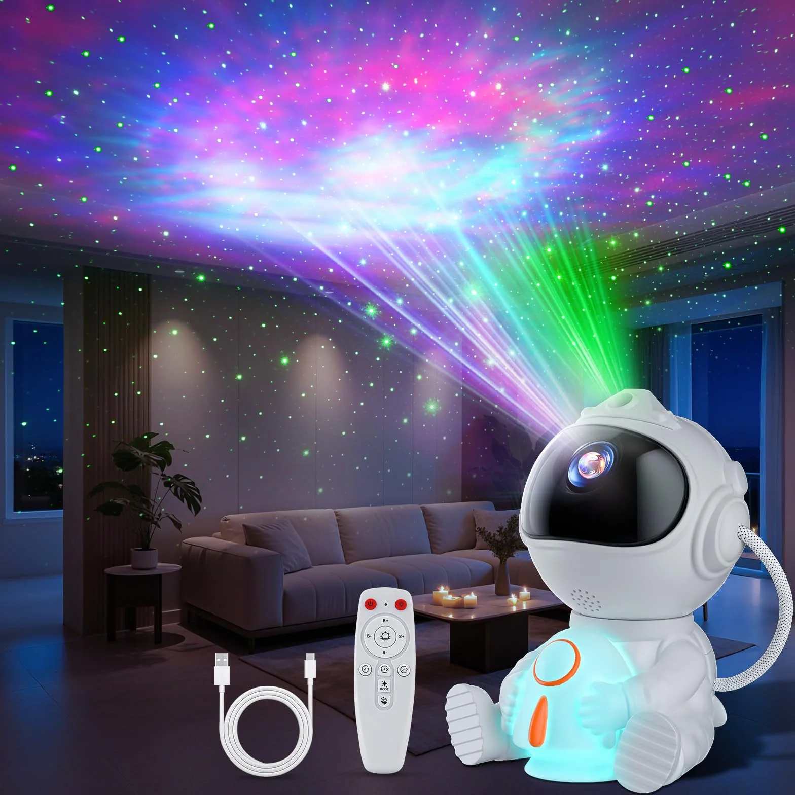 Proyector estrellas techo LED astronauta mando a distancia 8 modos nebulosa 5 modos luminosidad velocidad luz nocturna cohete