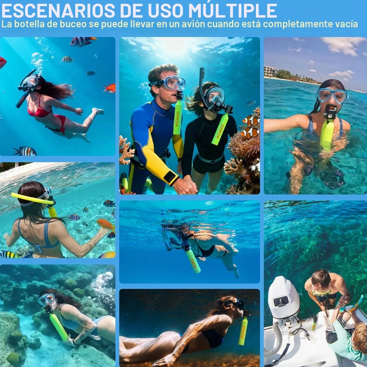 SMACO Mini tanque de buceo de 0,5 L, portátil, reutilizable, cilindro de buceo de emergencia para esnórquel, buceo libre, limpieza de barcos y respaldo de aire, diseño ligero y compacto, botella Pony