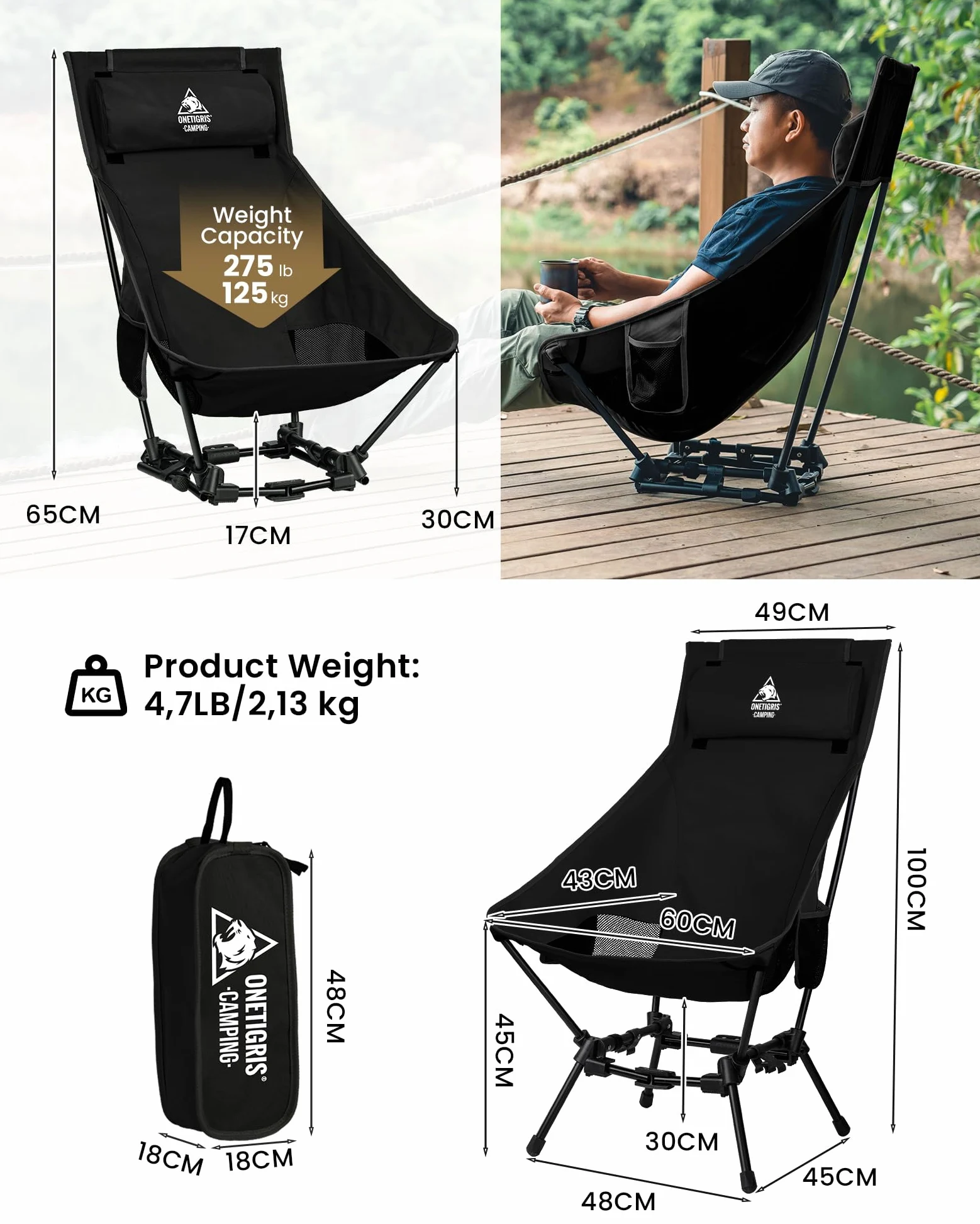 OneTigris Dragonhide - Silla de camping con diseño de almohada, cómoda silla plegable con asiento ampliado, capacidad de 275 libras